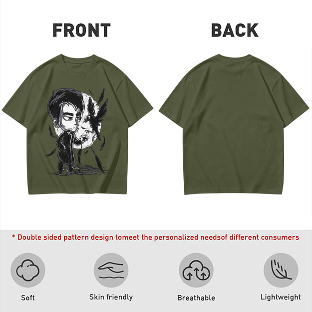 Olive T-Shirt with Chibi Dark Character and Crow Print