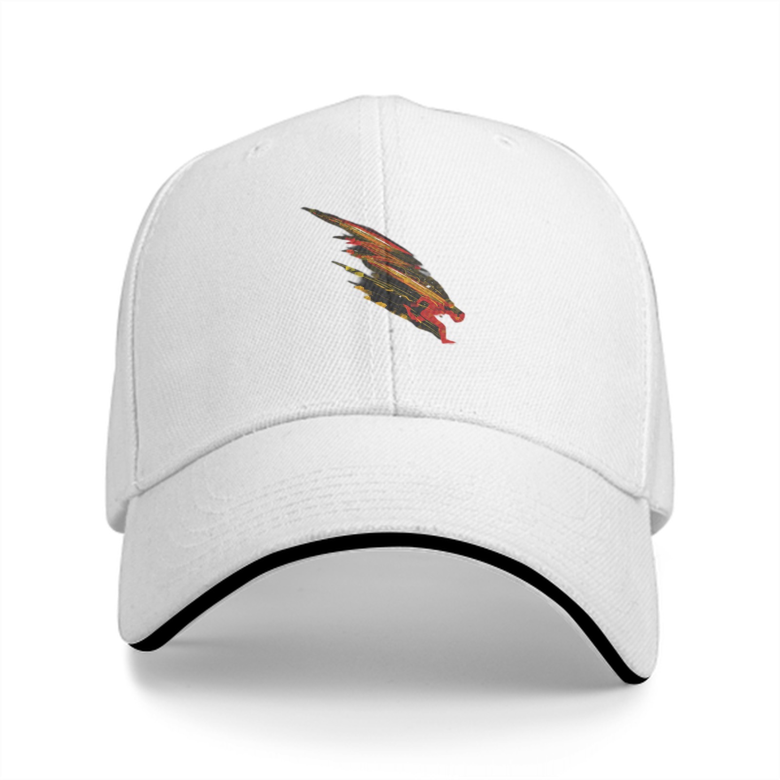 Black baseball cap with stylized fiery feathered creature graphic