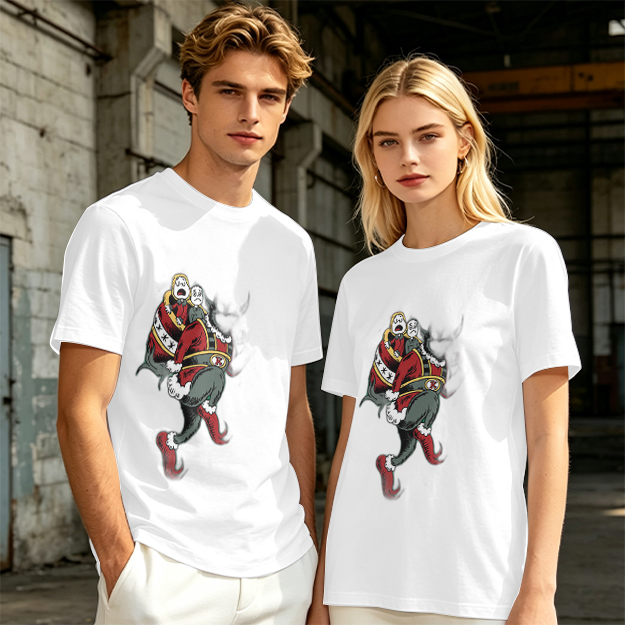 Olive T-shirt with distressed cartoon Santa Claus graphic