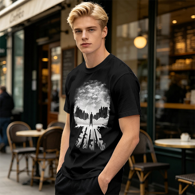 Olive Green T-Shirt With Skull Silhouette Cityscape Artwork