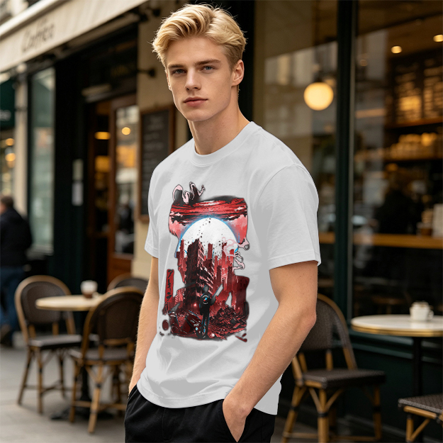 Olive Graphic T-Shirt with Post-Apocalyptic Cityscape Print
