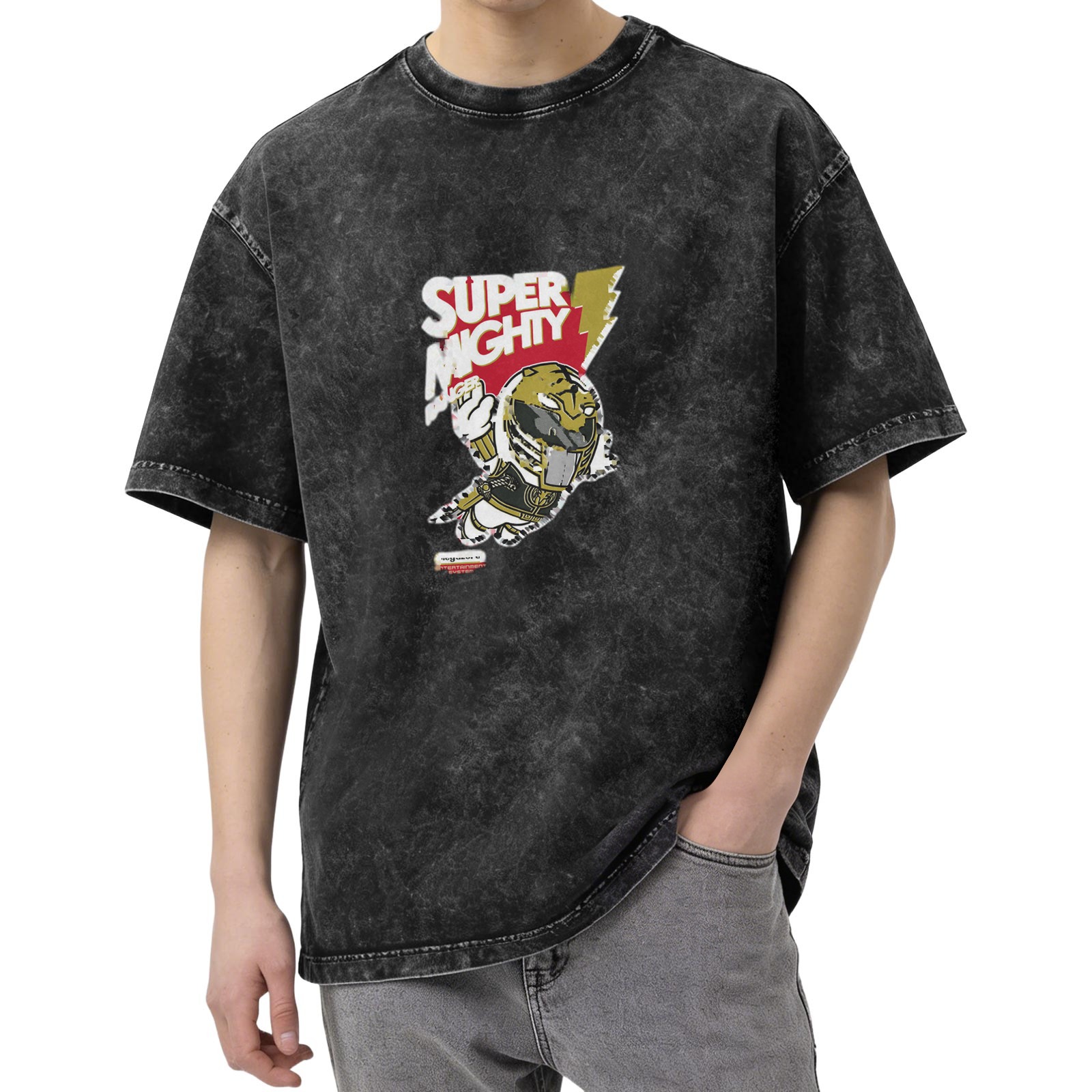 Washed Black Graphic T-Shirt with Super Mighty Hero Print