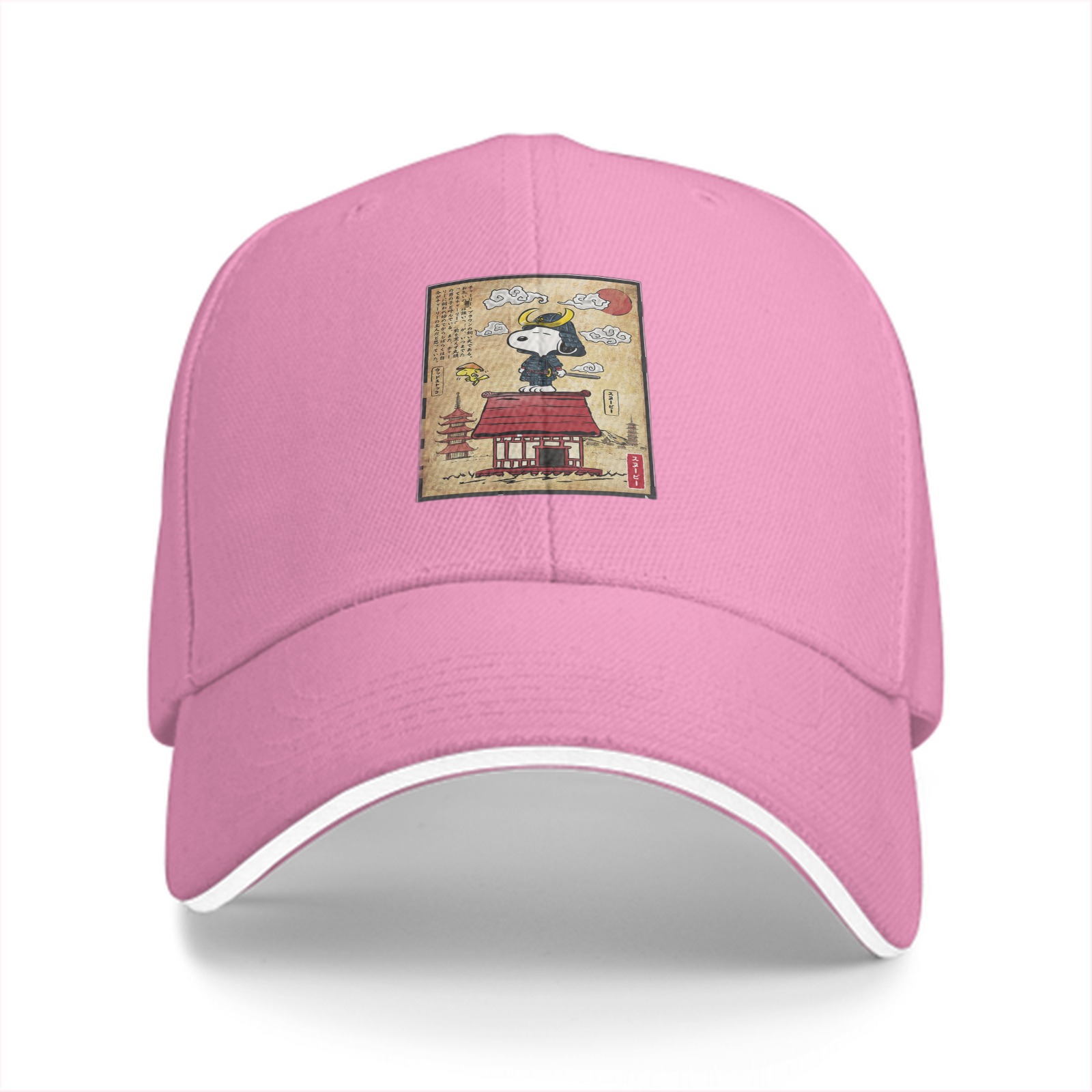 Black baseball cap with Snoopy samurai Japanese temple print