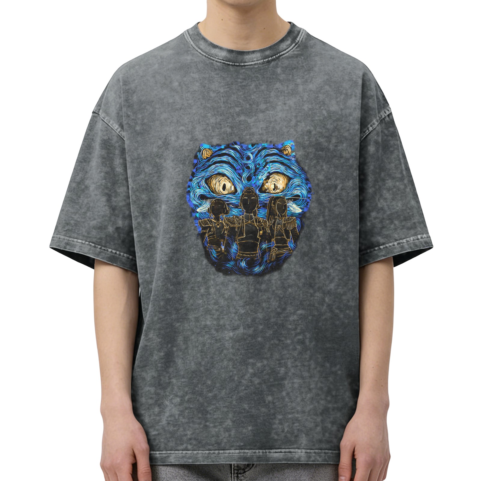 Oversized Dark Wash T-Shirt With Blue Tiger Artwork Print