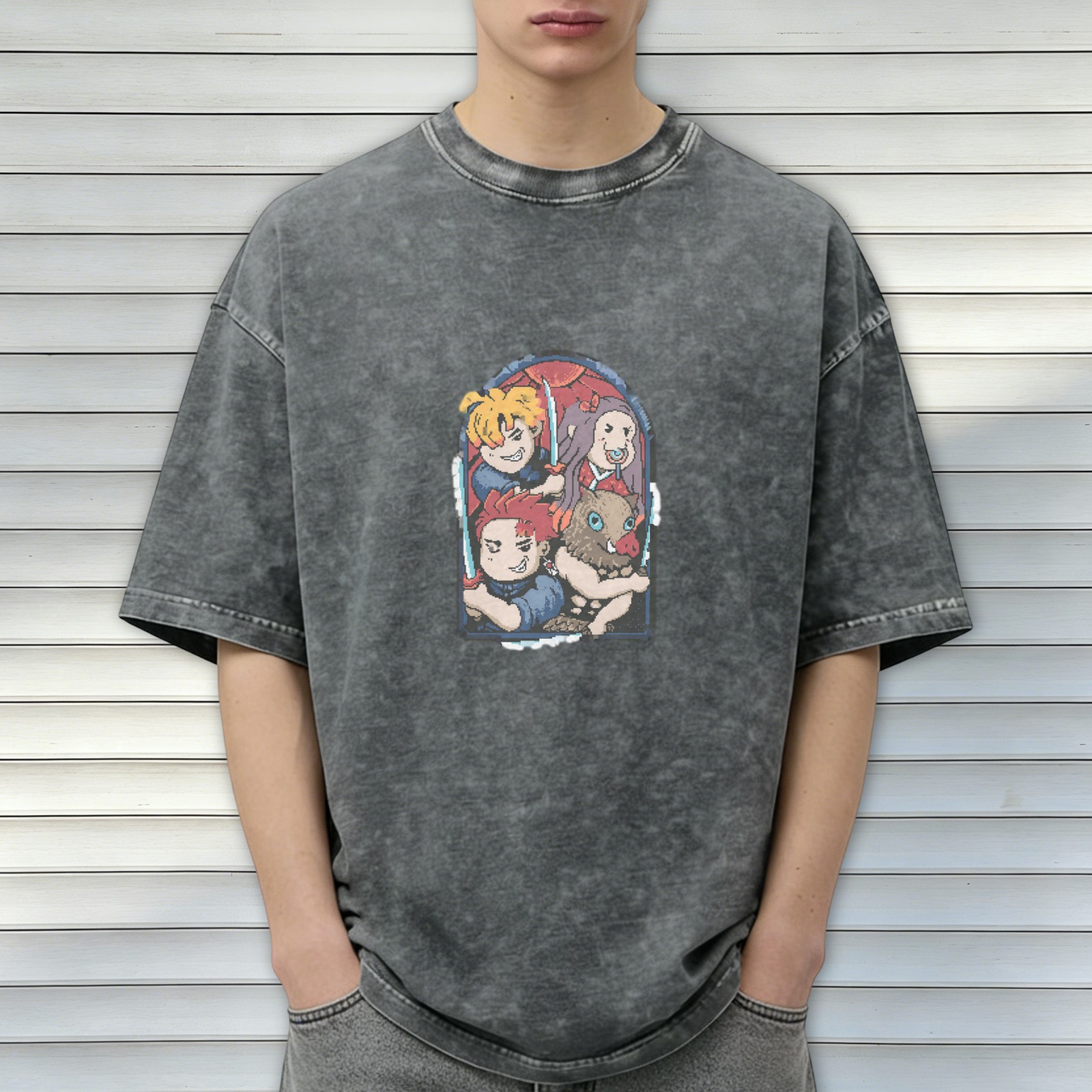 Oversized Dark Wash T-Shirt With Anime Demon Slayer Style Characters Print