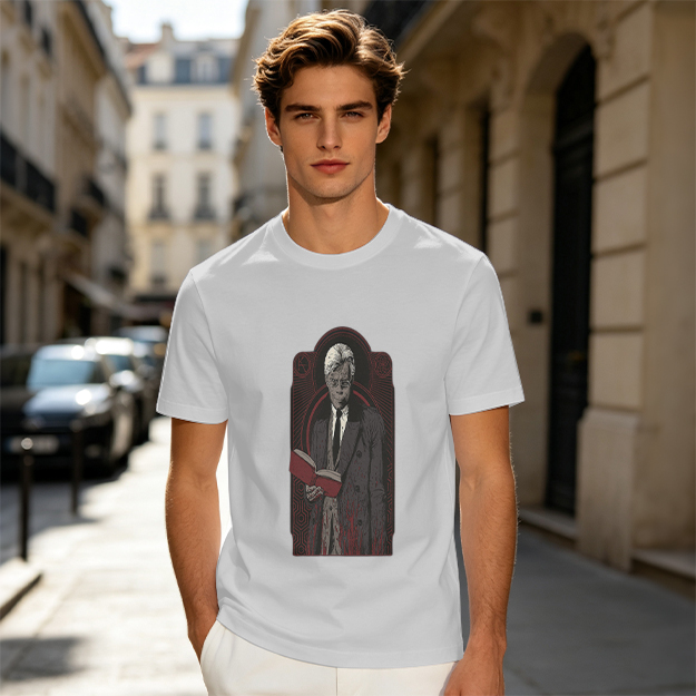 Olive T-shirt with Gothic Figure Holding Red Book Print