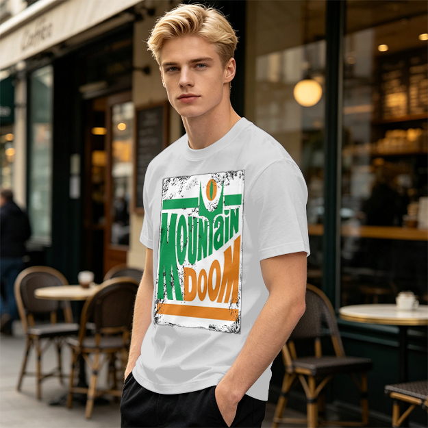 Olive T-shirt with Mountain Doom Themed Graphic Print