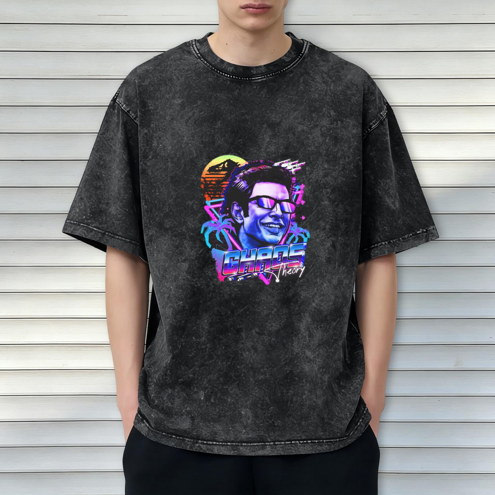 Retro vaporwave Chaos Theory print washed black loose short-sleeved T-shirt