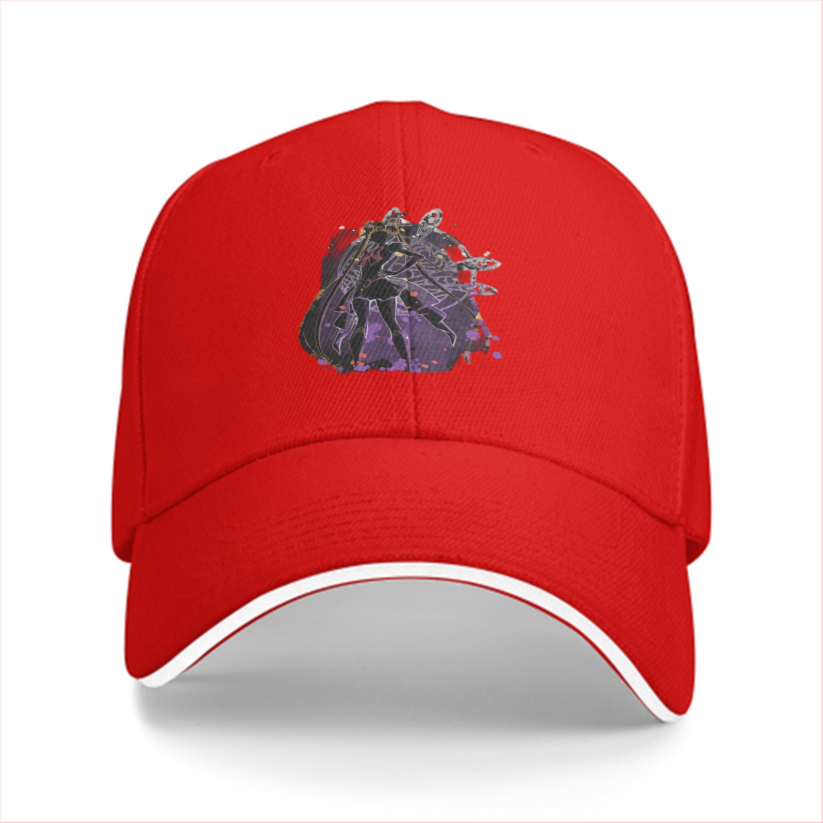 Black Baseball Cap With Purple Abstract Character Art Print