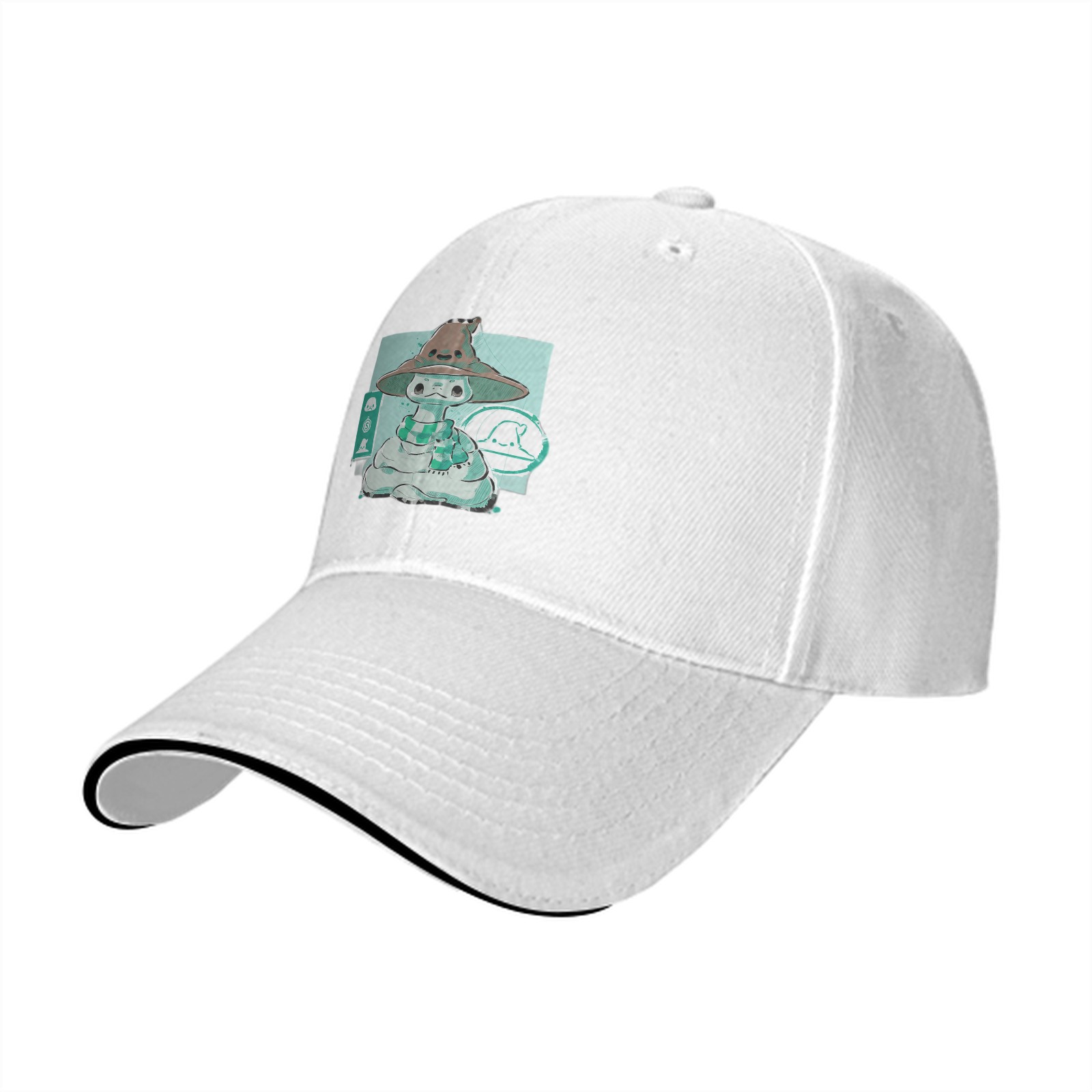 Black Baseball Cap With Cute Witch Snake Character Graphic
