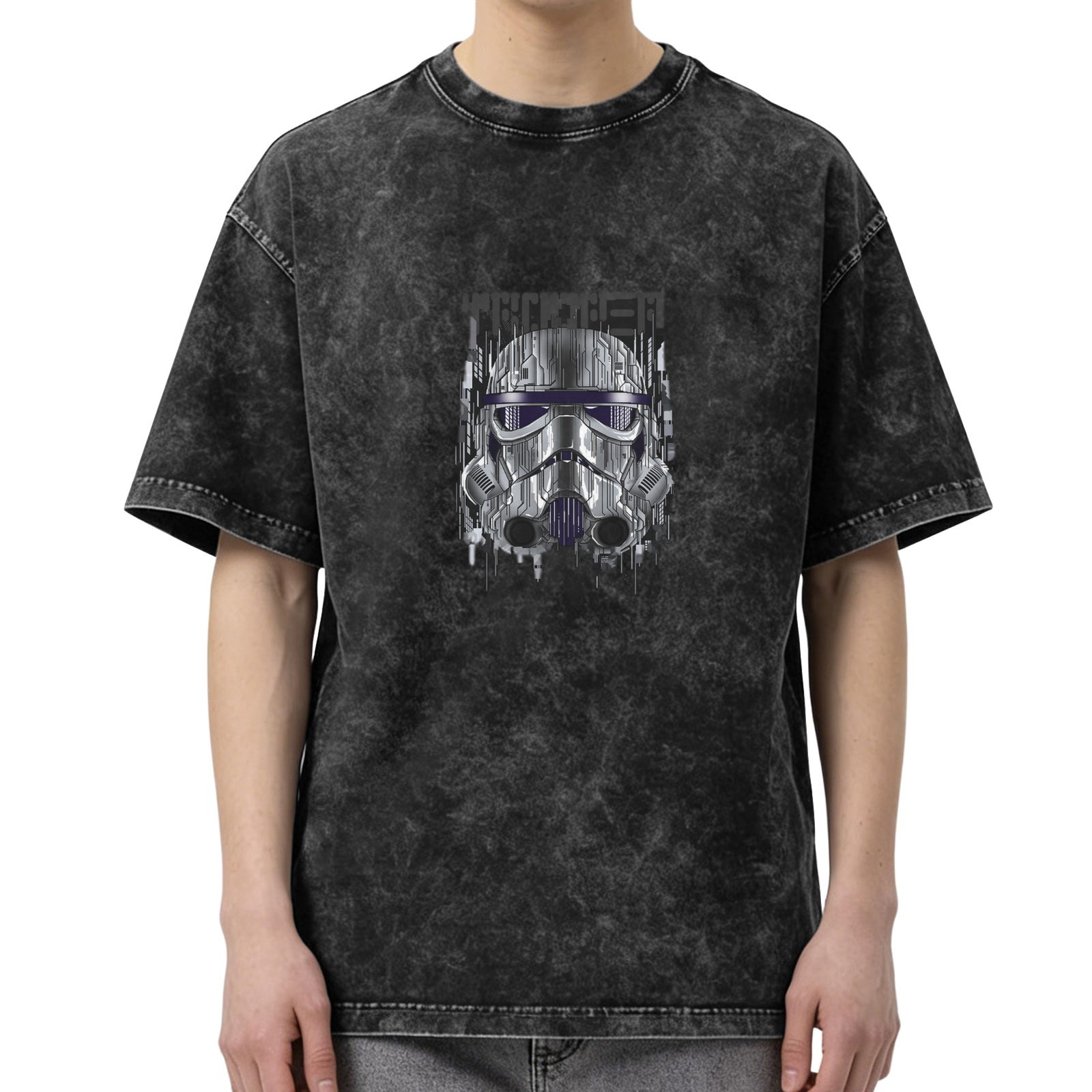 Washed Black Oversized T-Shirt with Cyber Stormtrooper Helmet Graphic
