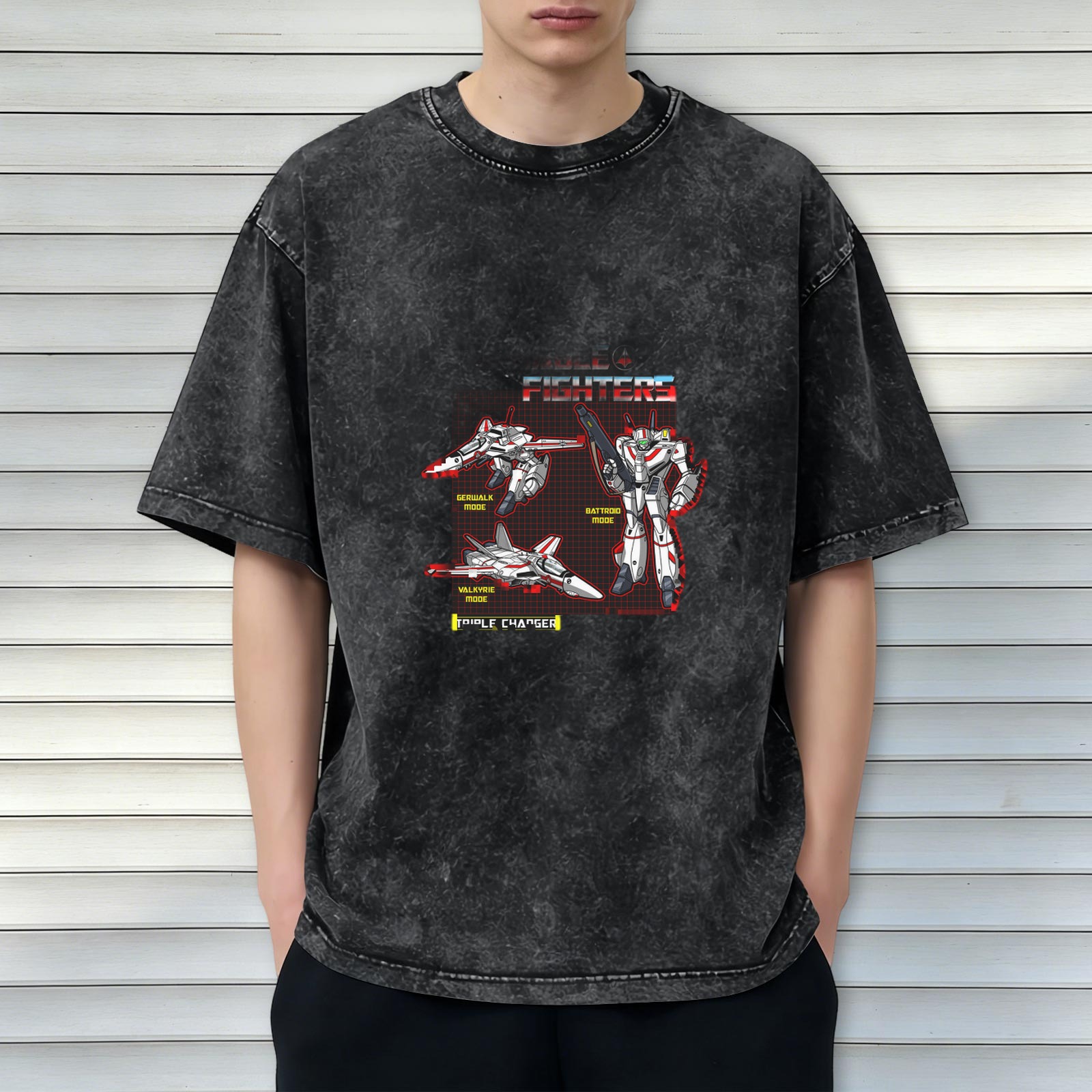 Retro washed black loose short-sleeved T-shirt, anime mecha three-transformation print, street fashion casual top
