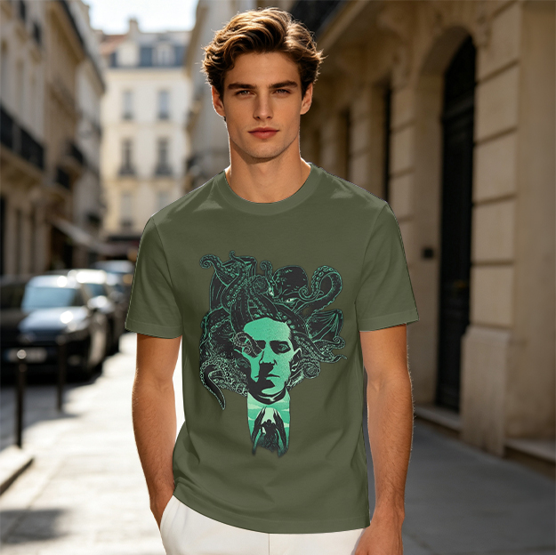 Olive Green T-Shirt With Cthulhu Inspired Octopus Man Artwork