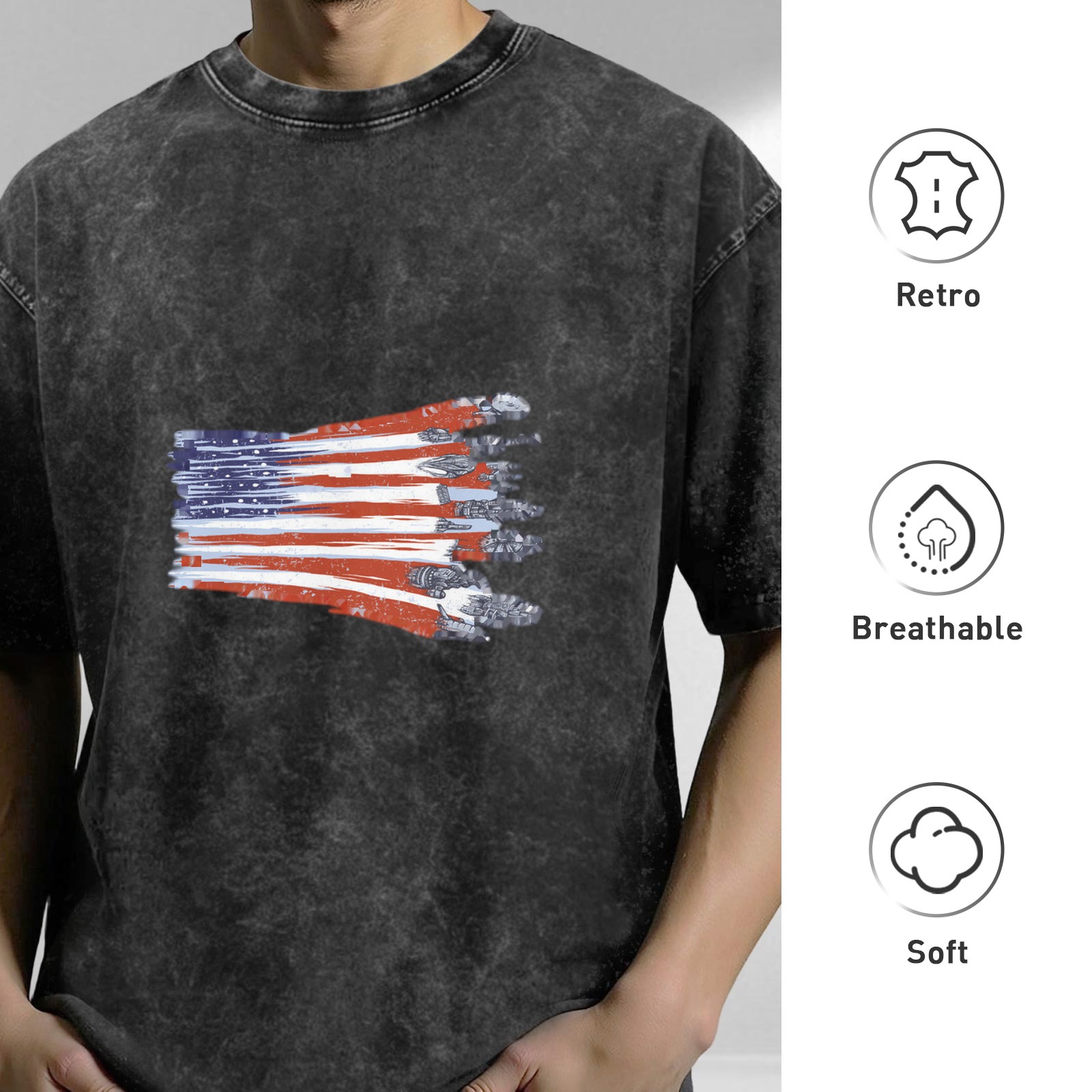 Distressed washed black American flag printed loose short-sleeved T-shirt