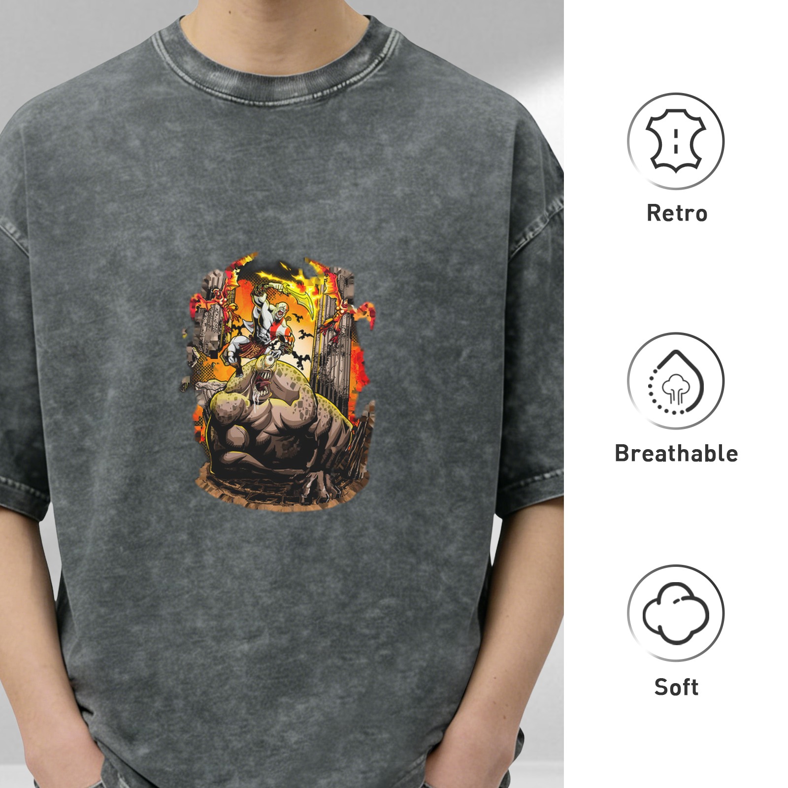 oversized washed black t-shirt with fantasy battle graphic print