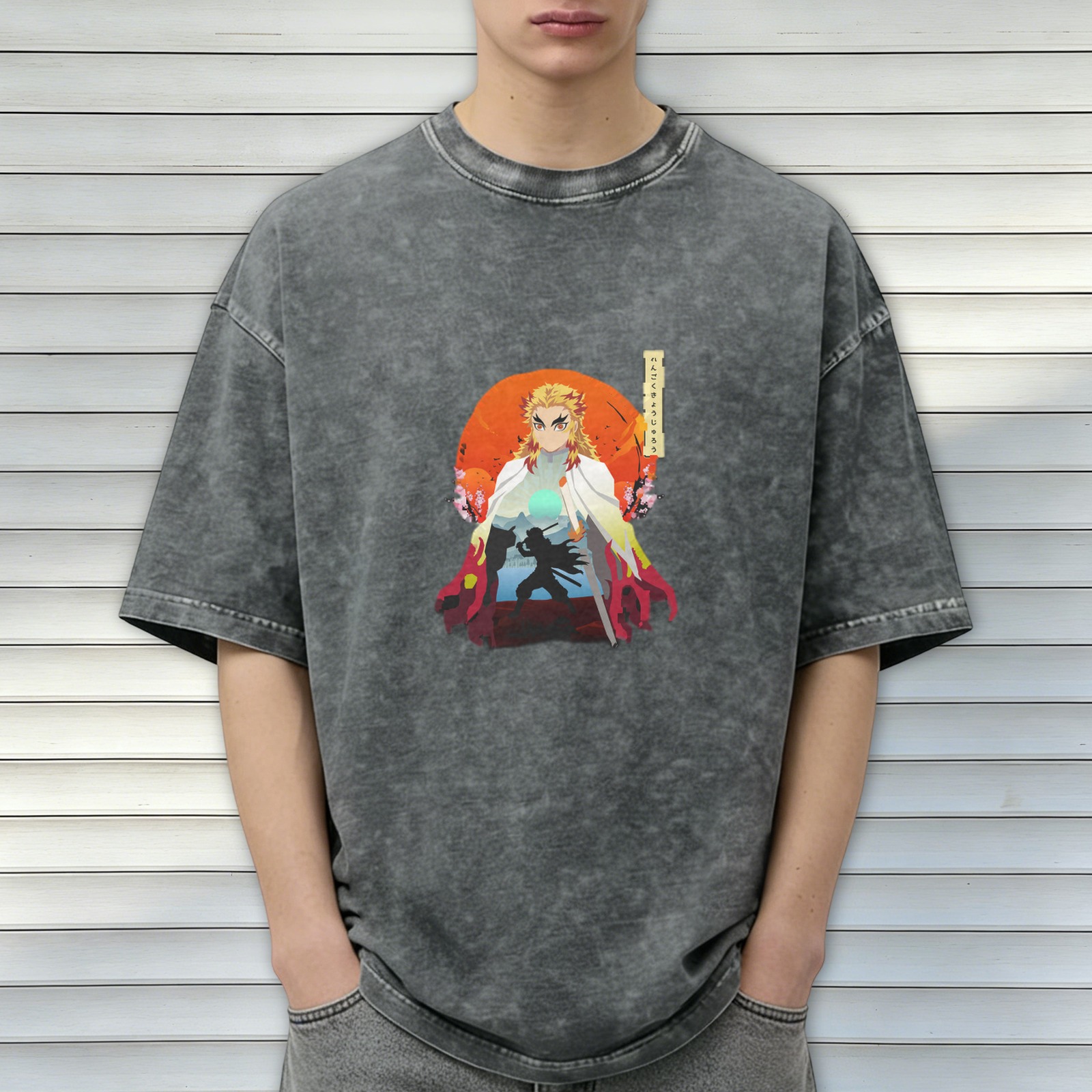 Demon Slayer Rengoku Anime Graphic Oversized Acid Wash T-Shirt
