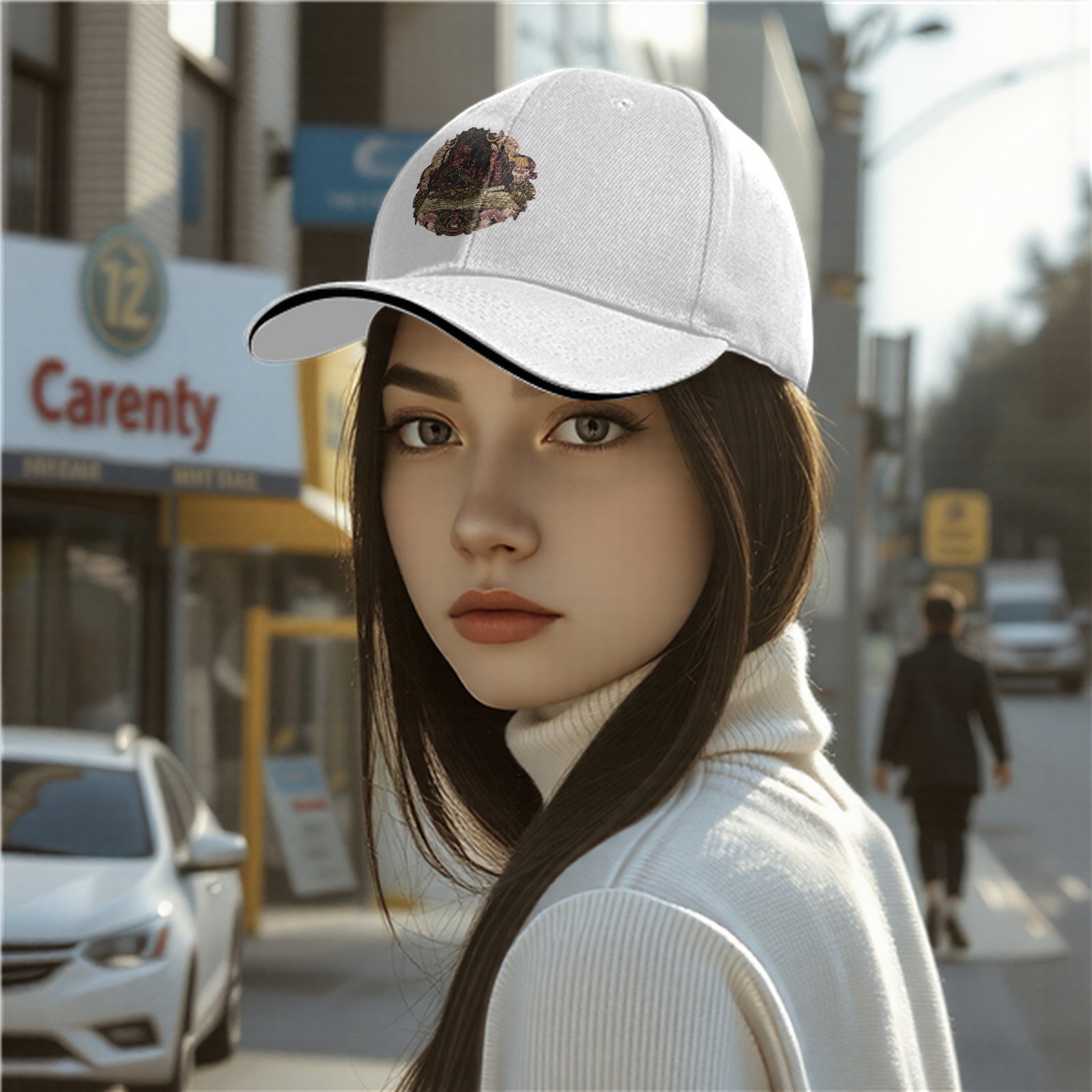 Black baseball cap with magical castle and train graphic