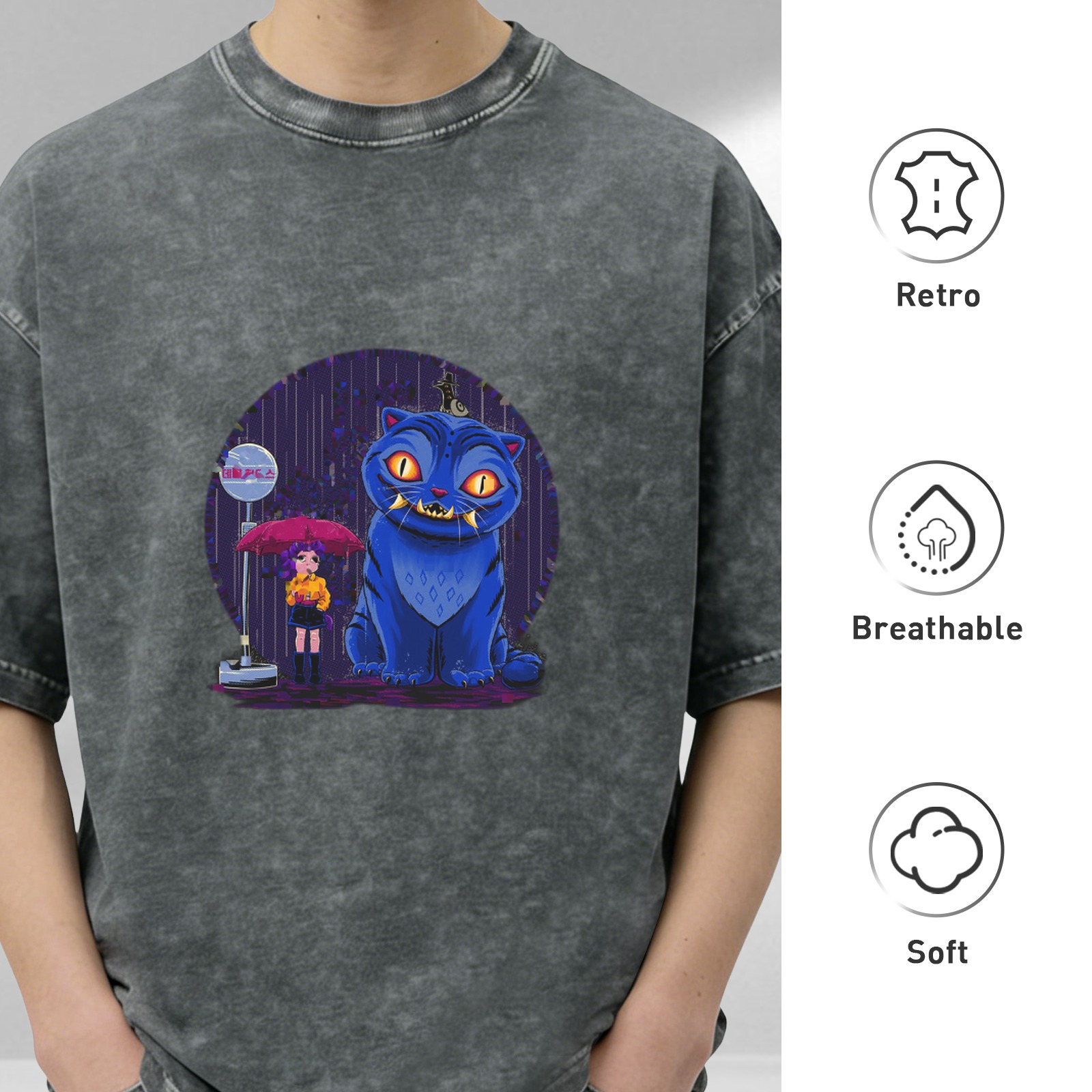 Oversized Acid Wash T-Shirt With Blue Cheshire Cat And Girl Graphic