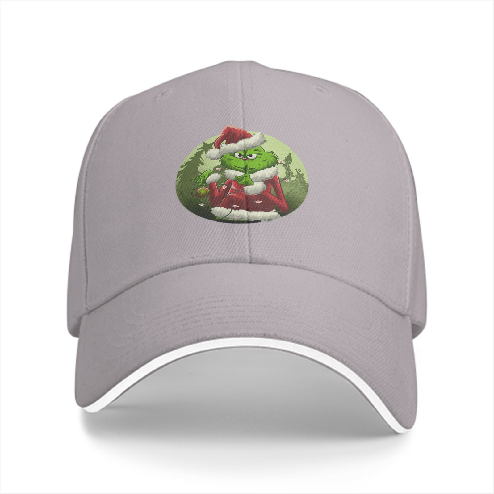 Black baseball cap with Grinch in Santa costume graphic