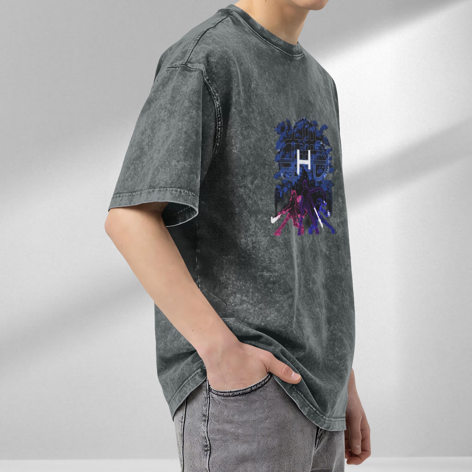 Washed black graphic t-shirt with anime hero silhouettes and cityscape design