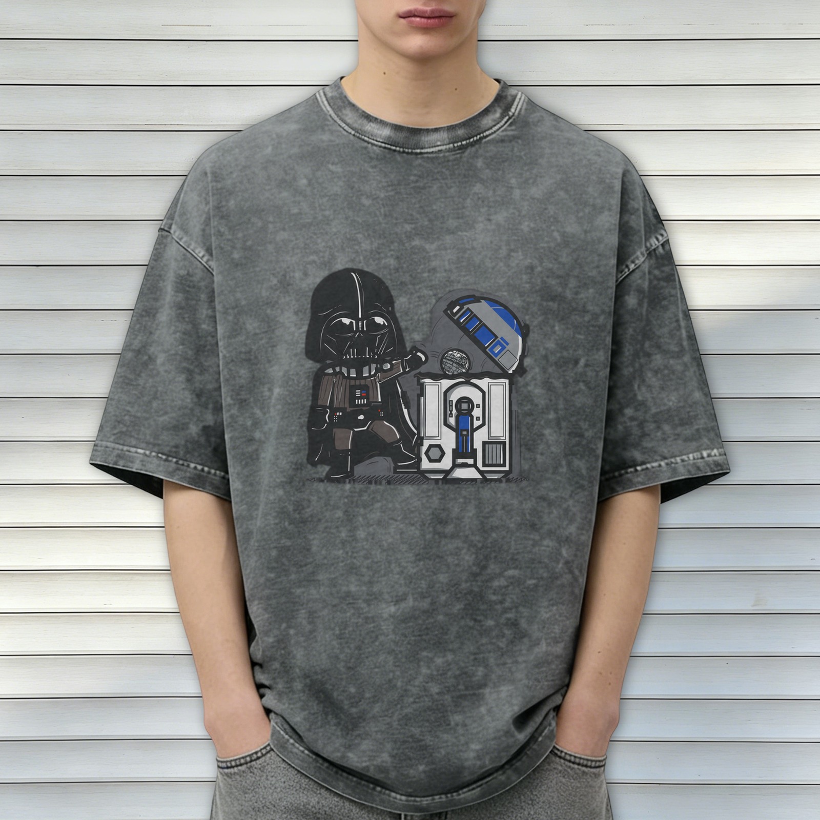 Star Wars Darth Vader & R2-D2 Graphic Acid Wash Cotton T-Shirt
