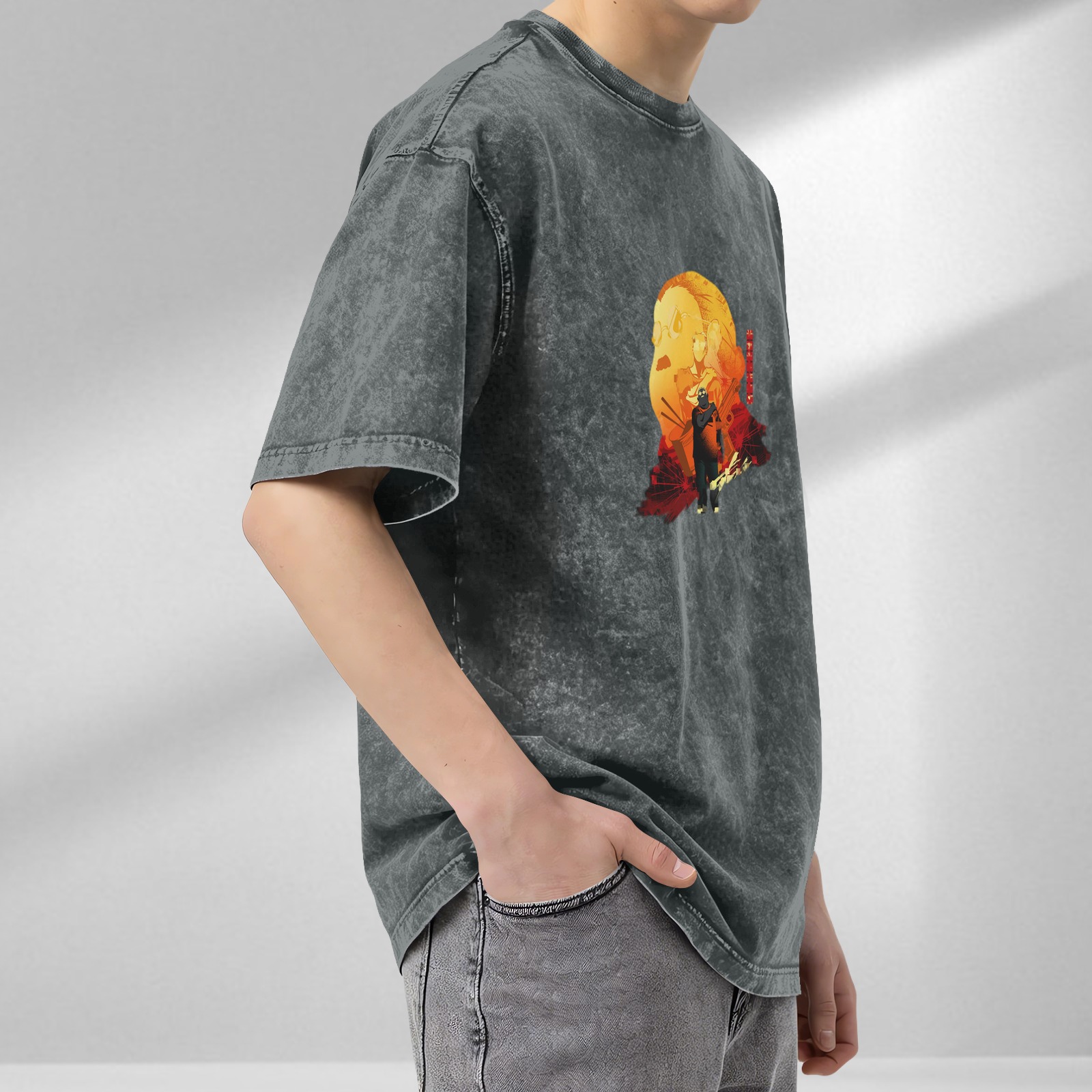 Oversized Acid Wash Anime Graphic T-Shirt