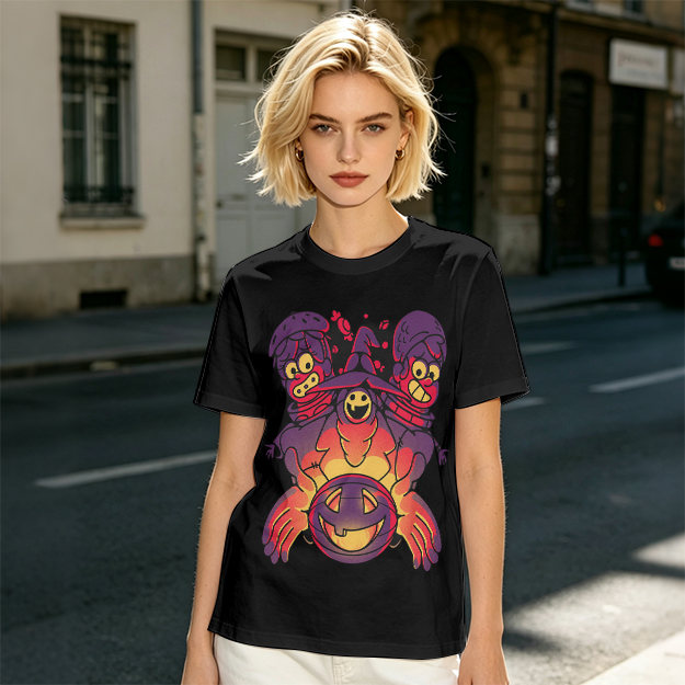 Olive T-Shirt With Halloween Three-Headed Witch And Jack-O'-Lantern Print