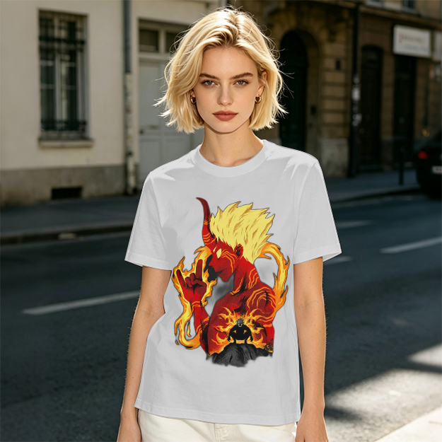 Oni Demon Flame Graphic Olive Green Casual T-Shirt