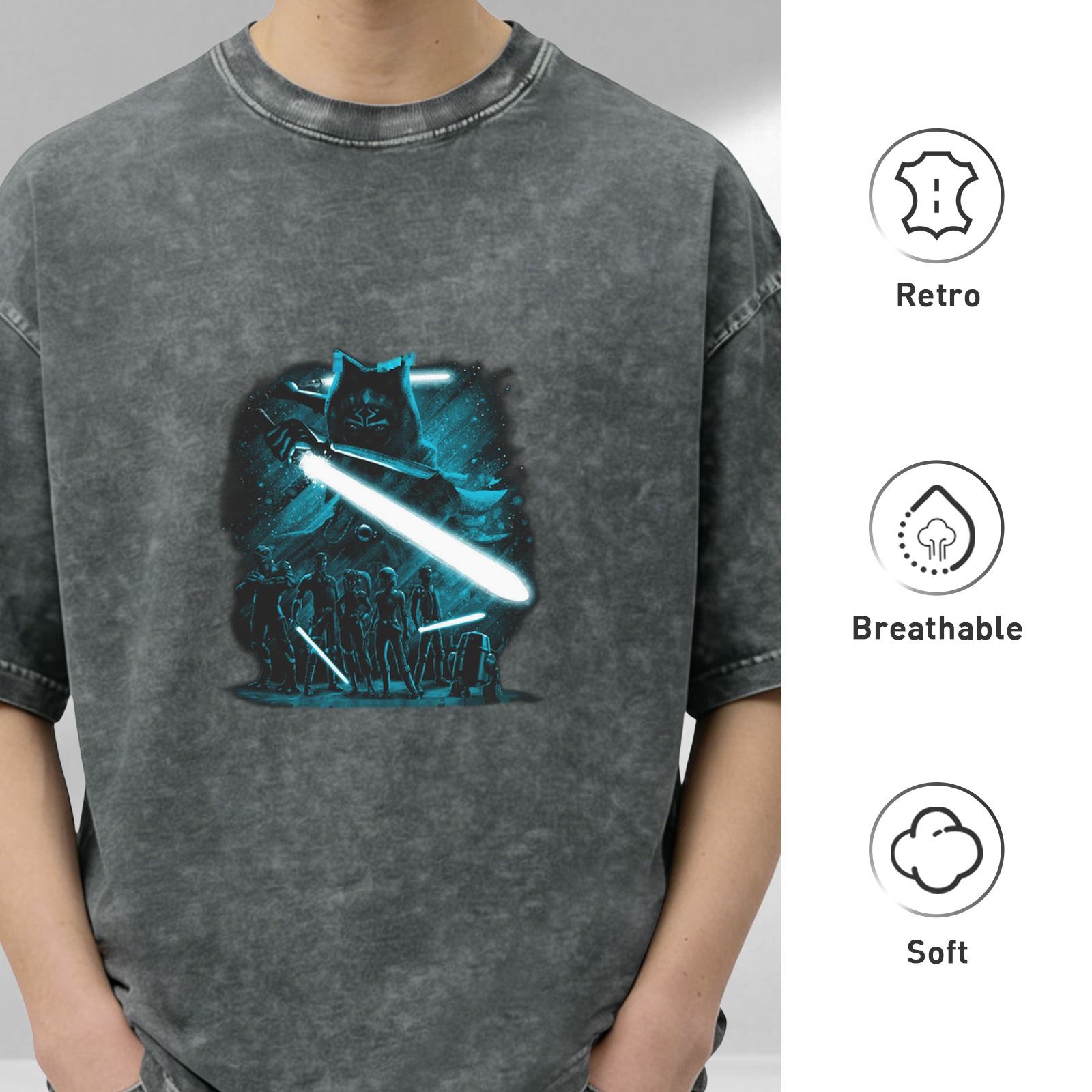 Star Wars Inspired Graphic Print Acid Wash Short Sleeve T-Shirt