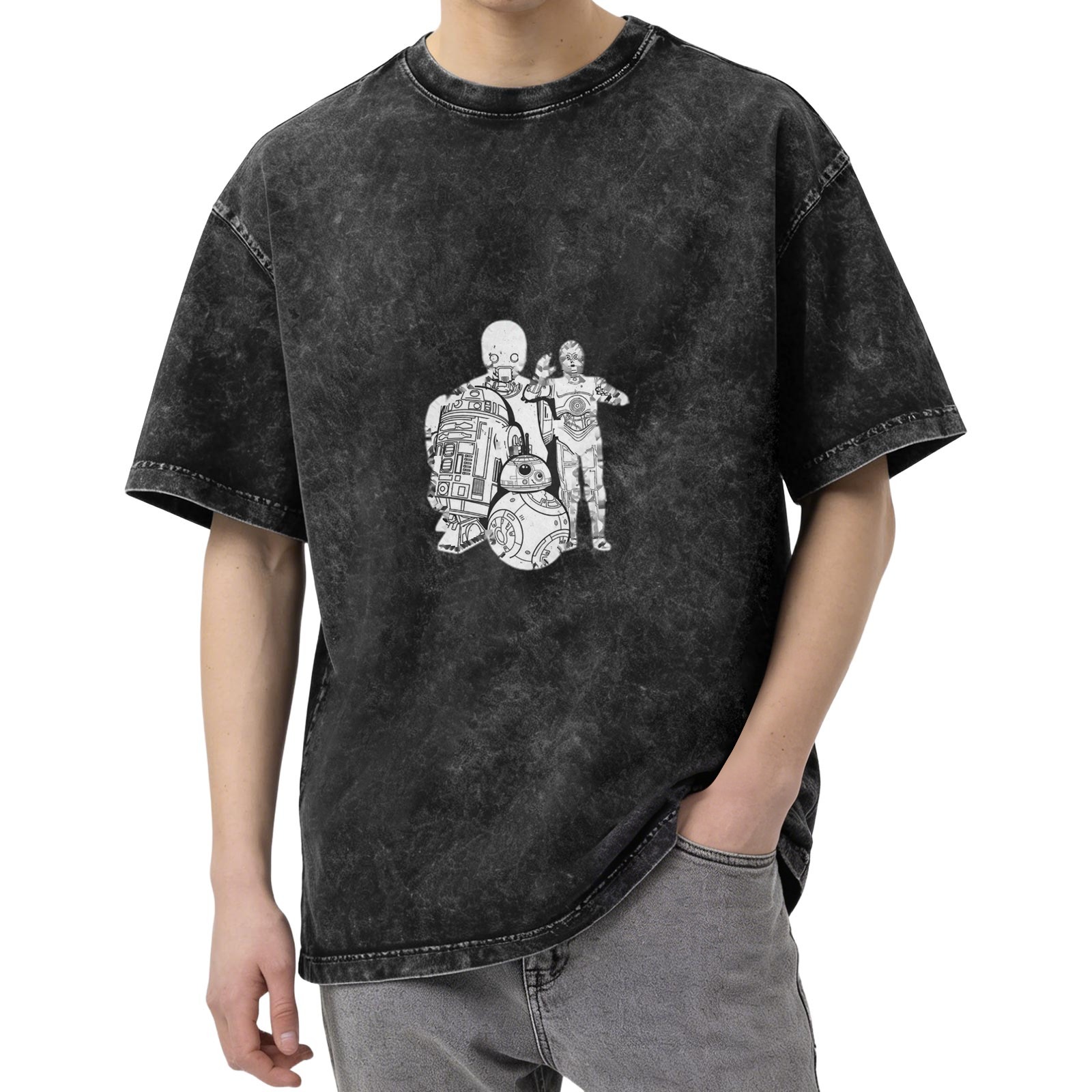 Star Wars Droids Graphic Black Acid Wash Oversized T-Shirt