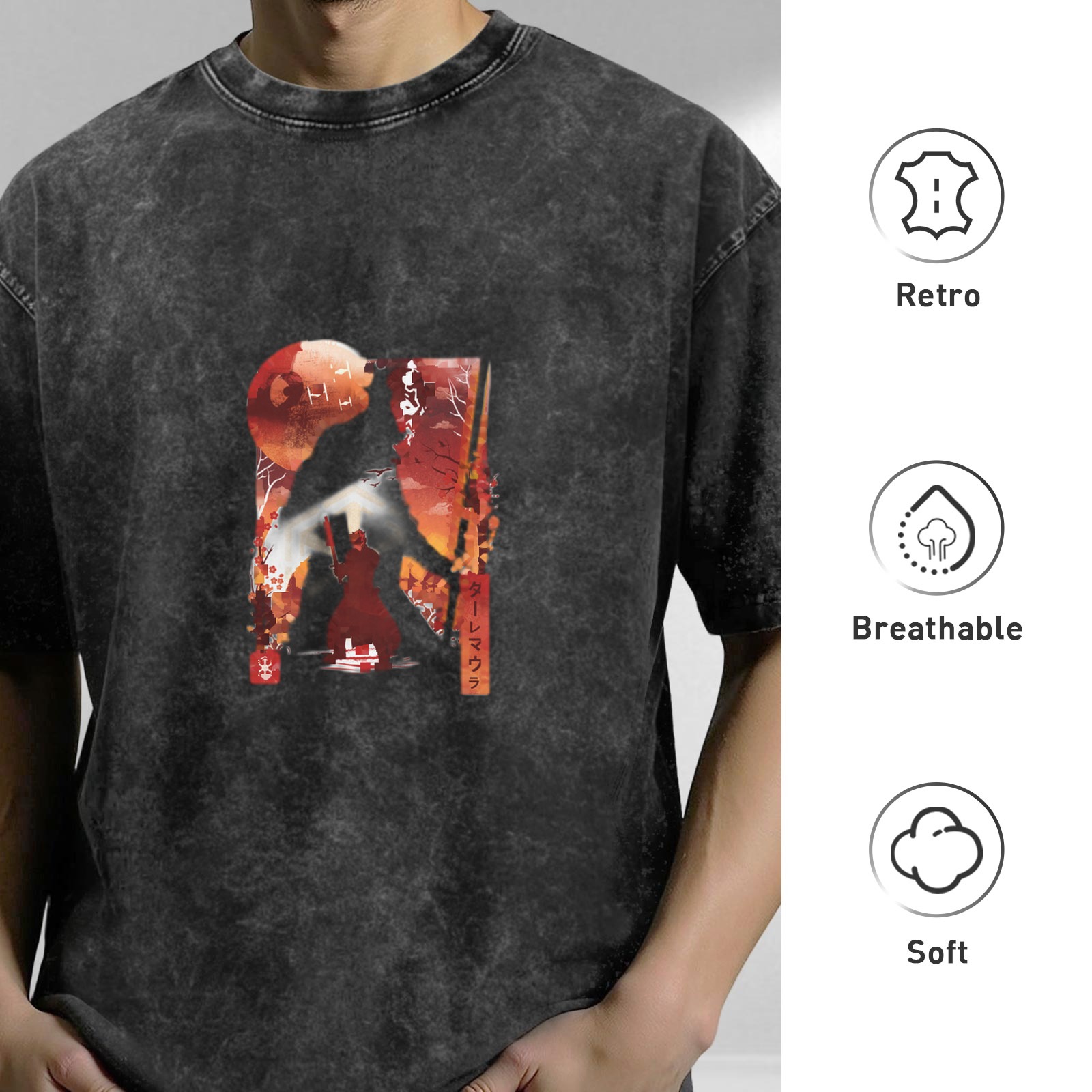 Oversized Acid Wash T-Shirt With Japanese Themed Monster Art Print
