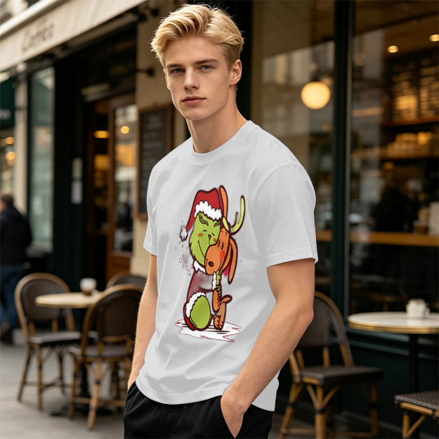 Olive Christmas T-Shirt Featuring Grinch Hugging Max The Reindeer
