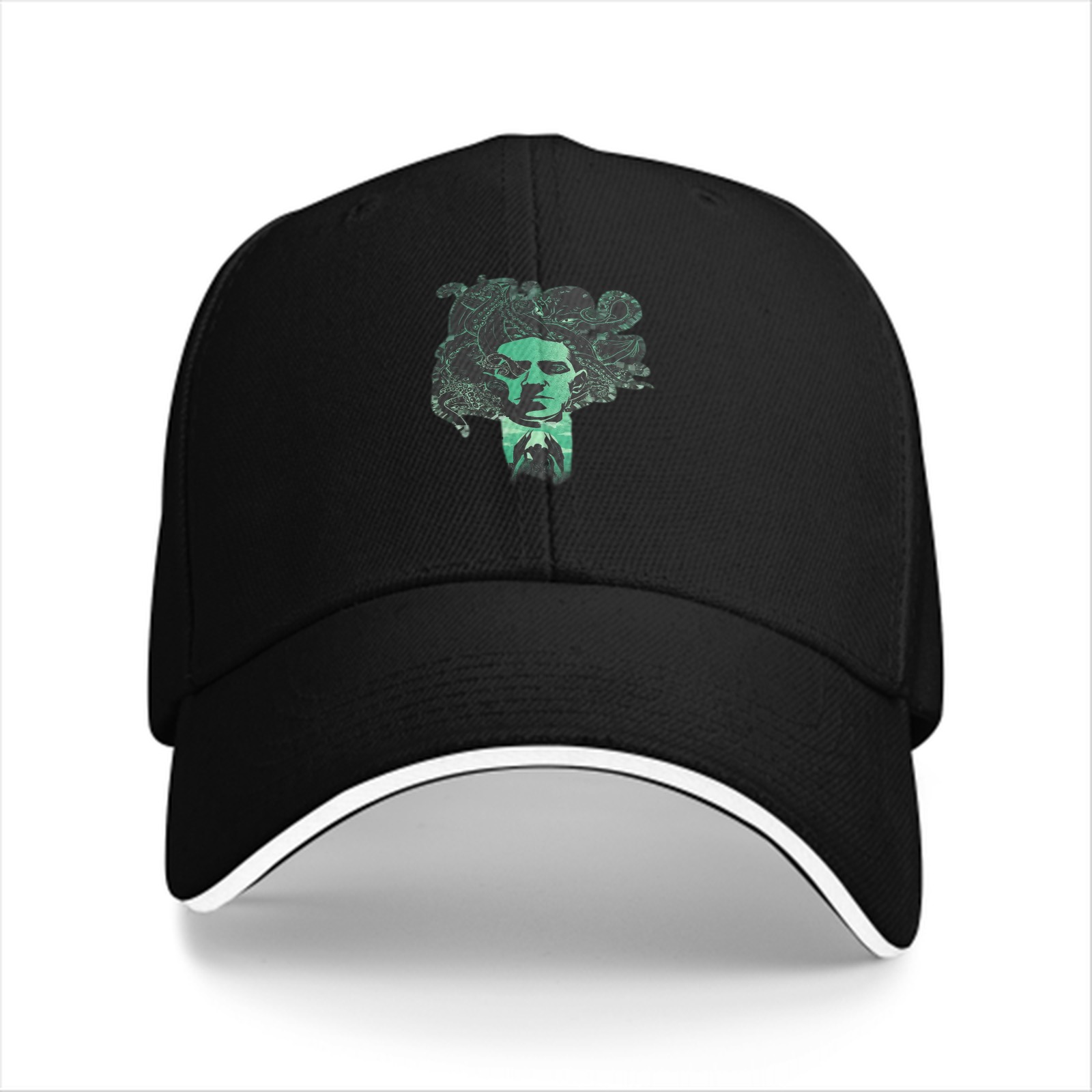 Black Baseball Cap With Green Medusa Head Graphic