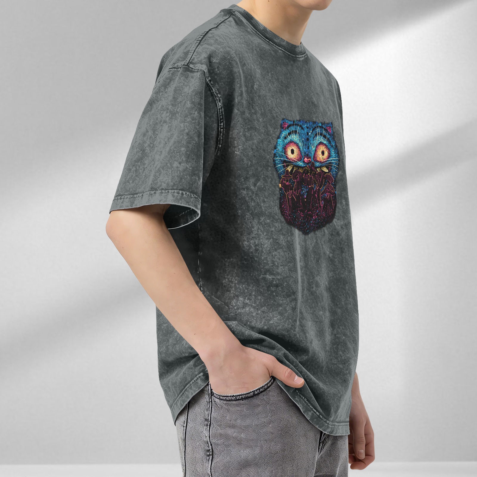 Oversized Acid Wash T-Shirt With Surreal Blue Cat Graphic