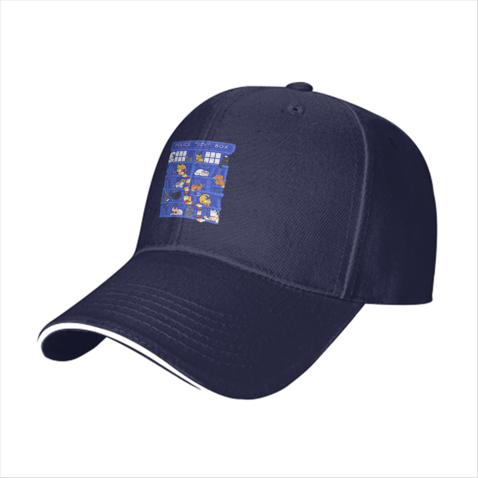 Black Baseball Cap with TARDIS Police Box Cat Print