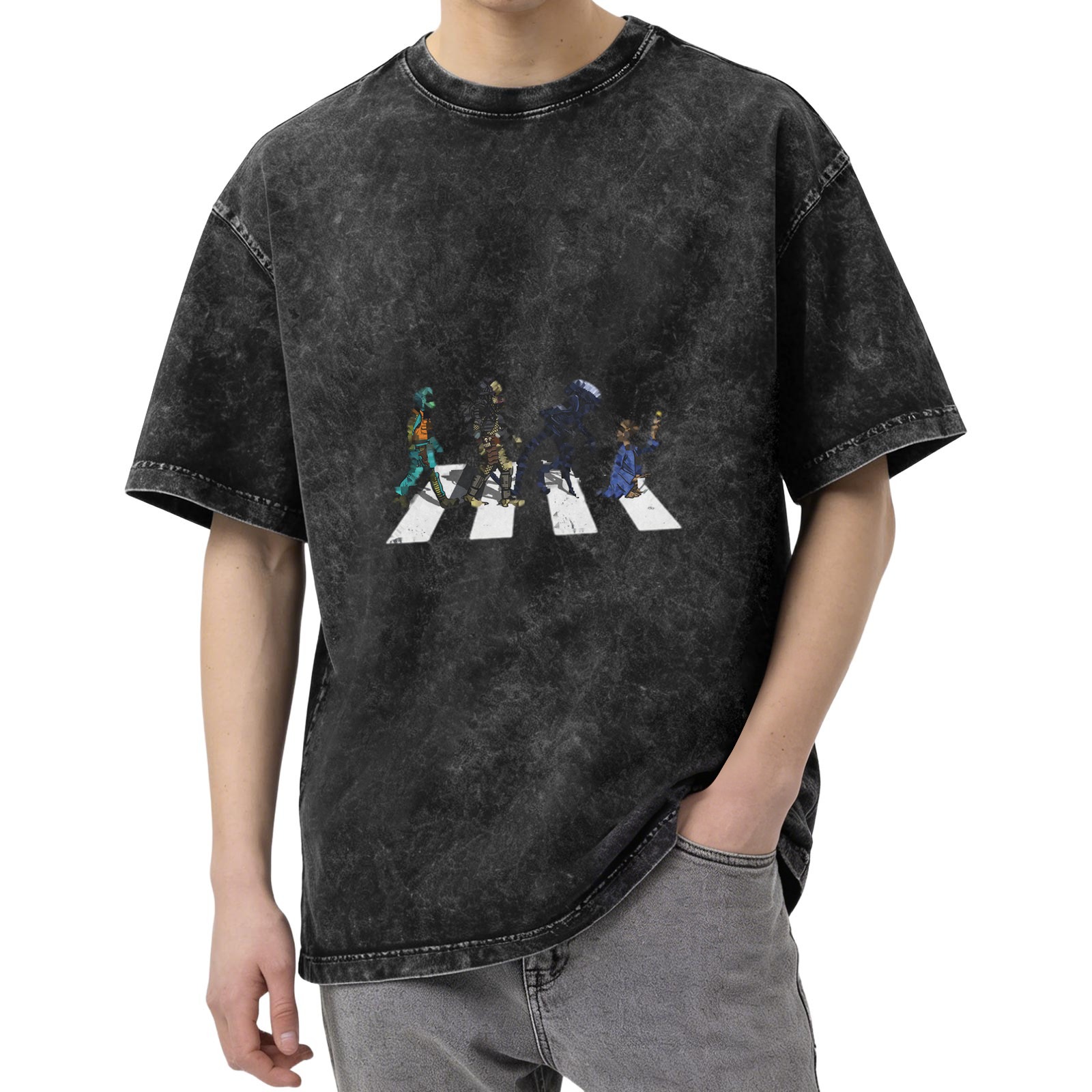 Oversized Acid Wash T-Shirt With Crosswalk Character Art Print