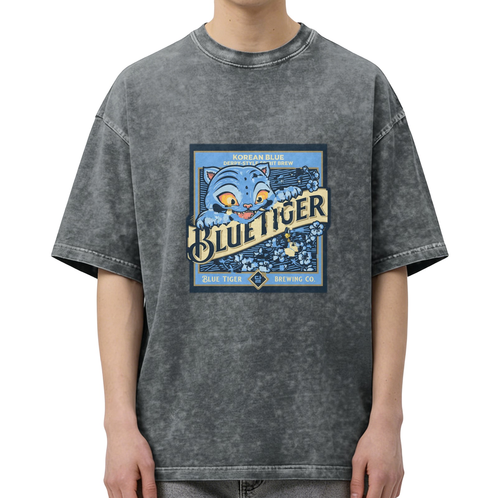 Washed Black Oversized T-Shirt with Blue Tiger Brewing Co Graphic
