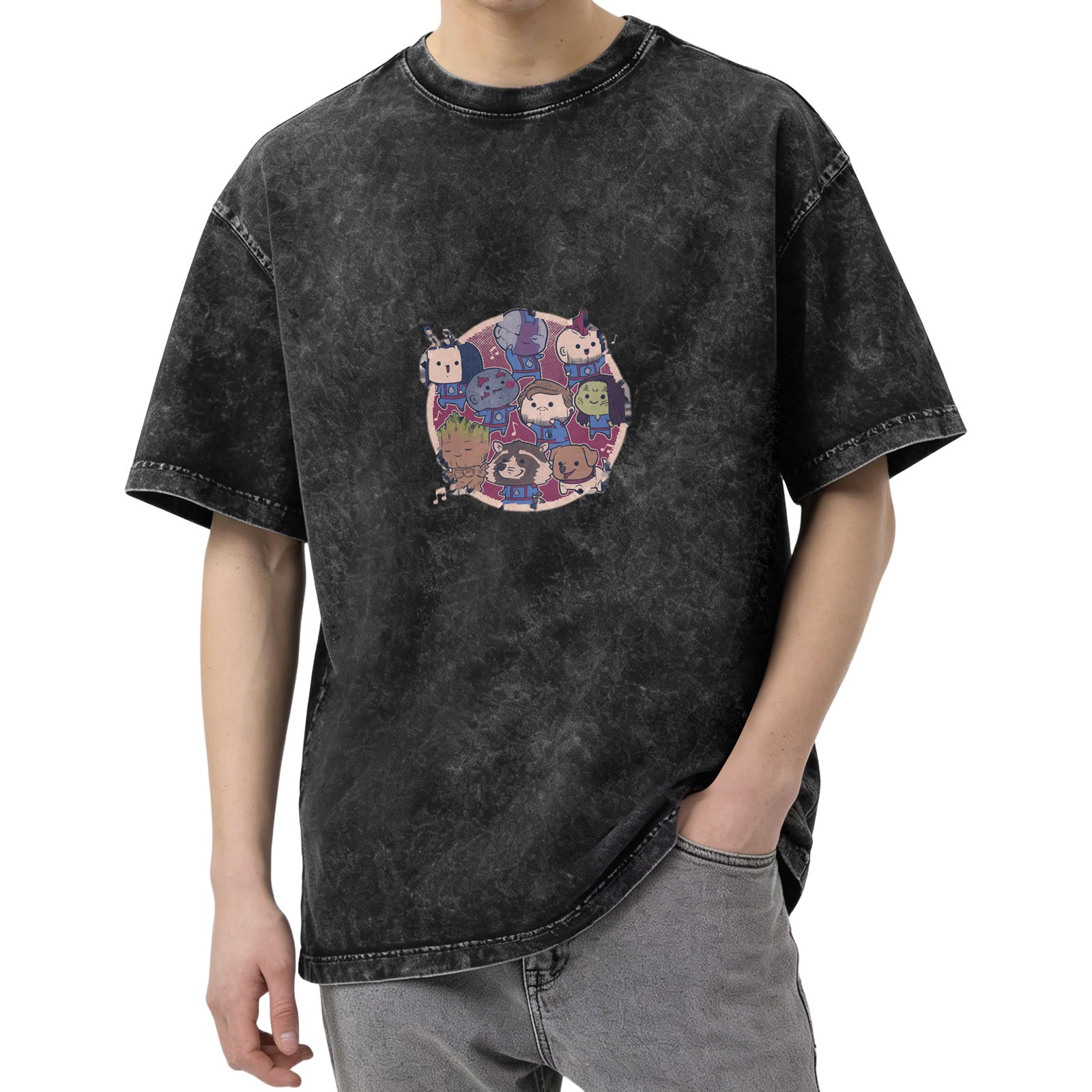 Washed black graphic t-shirt with chibi guardians of the galaxy print