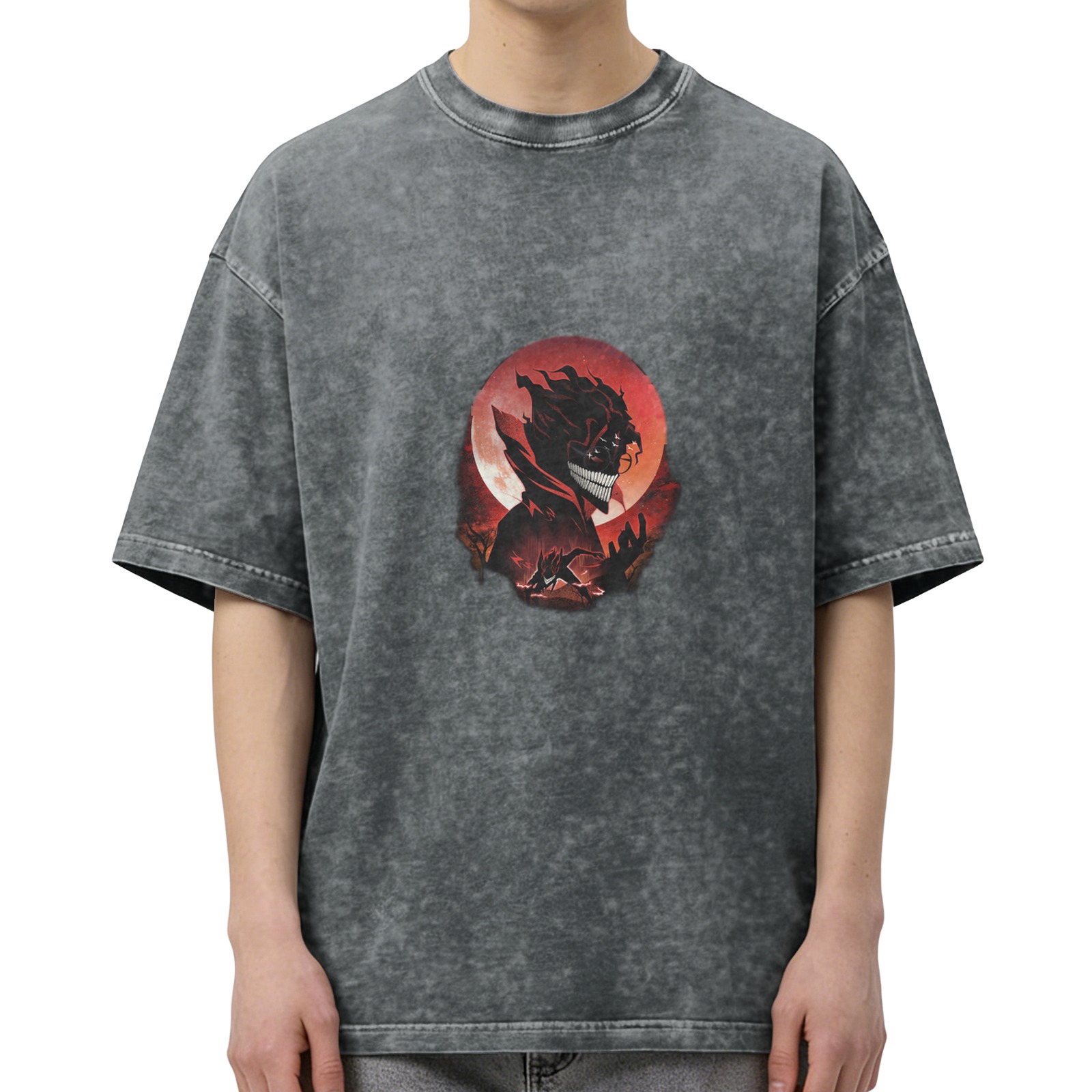 Distressed black loose short-sleeved T-shirt anime style red moon character printed top