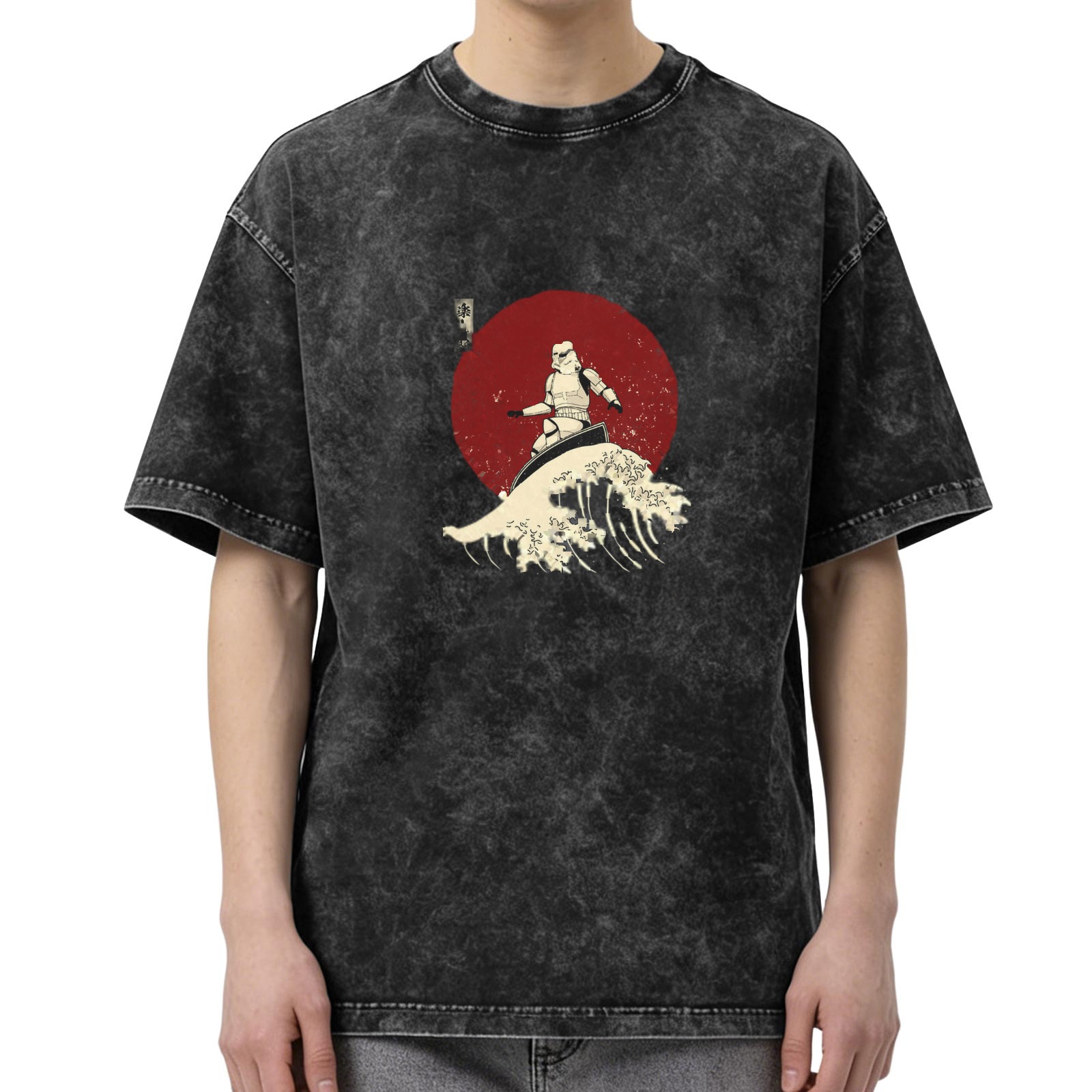 Oversized Stone-Washed Black T-Shirt with Surfer Stormtrooper & Great Wave Graphic Print