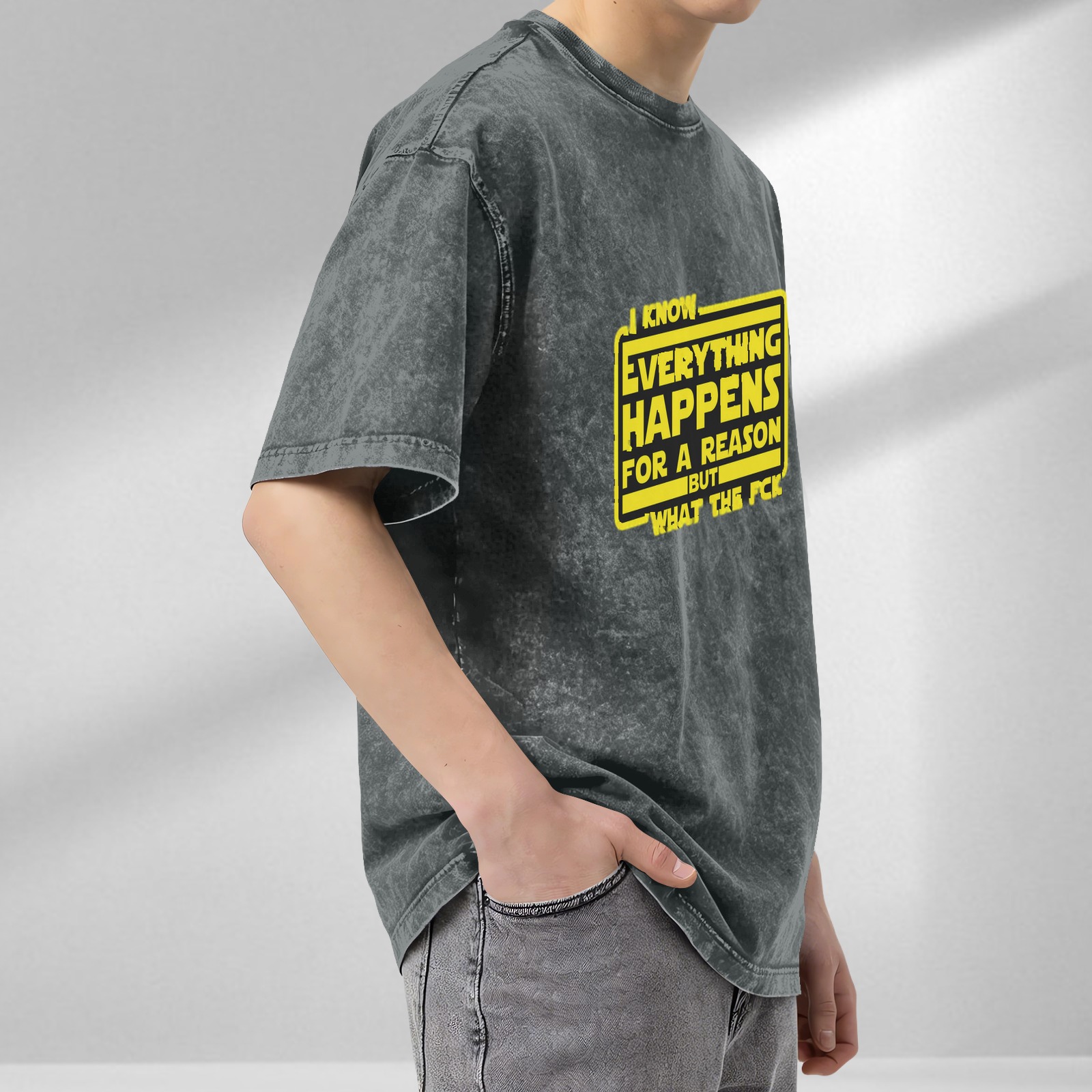 Washed black graphic t-shirt with 'I know everything happens for a reason but what the fck' text