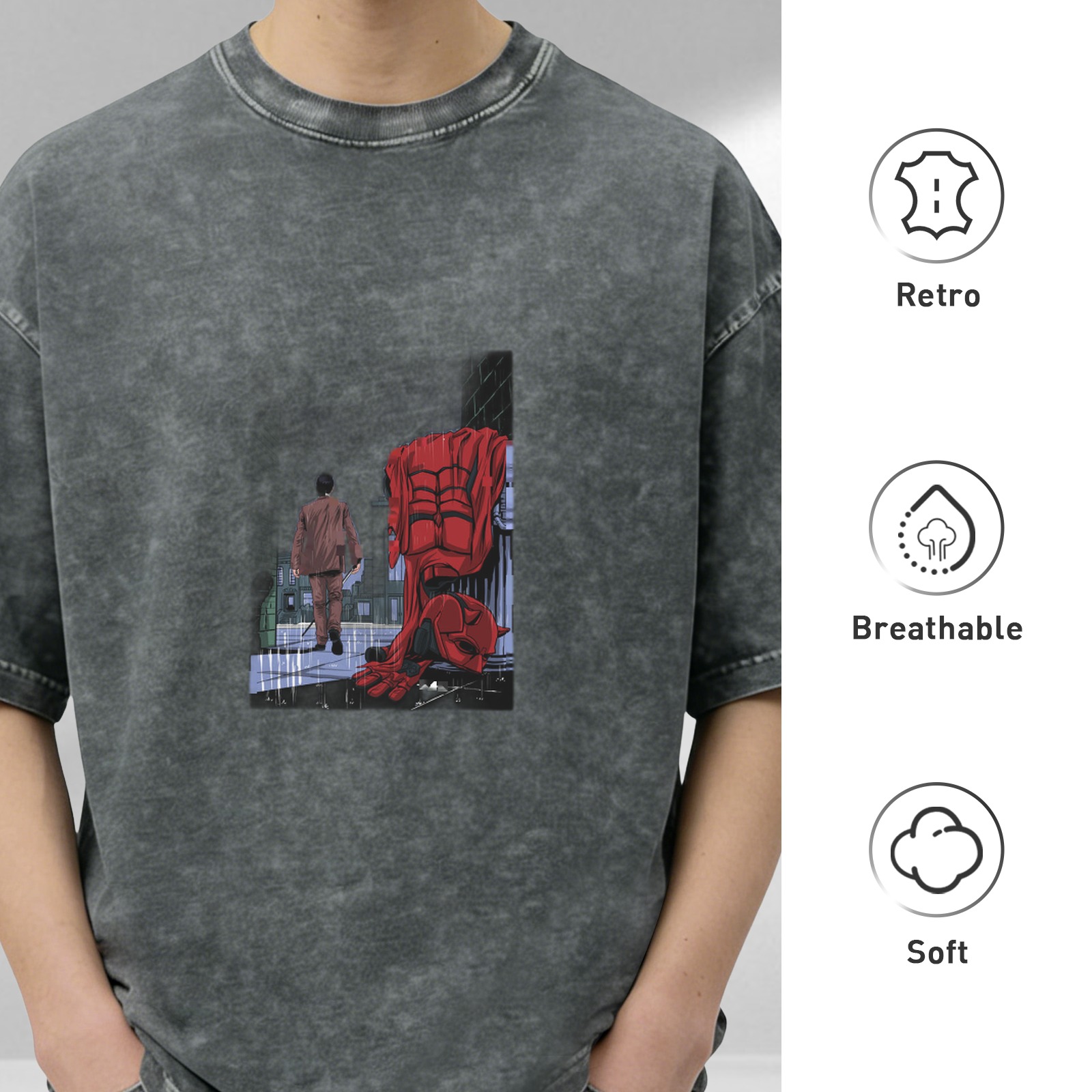 Washed Black Graphic Tee With Superhero And Figure Print