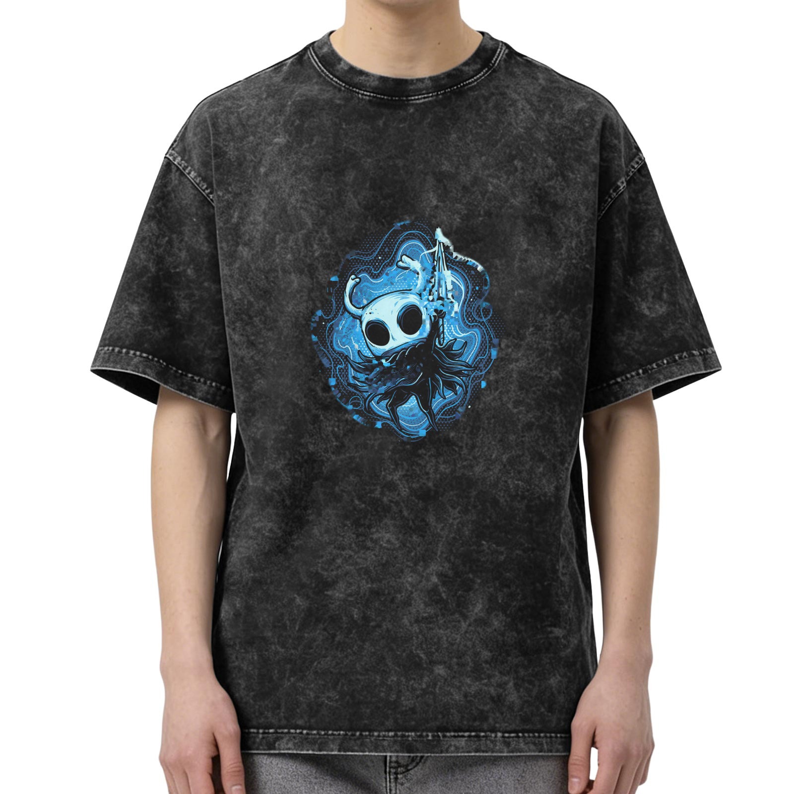 Oversized Dark Wash T-Shirt With Hollow Knight Blue Art Print