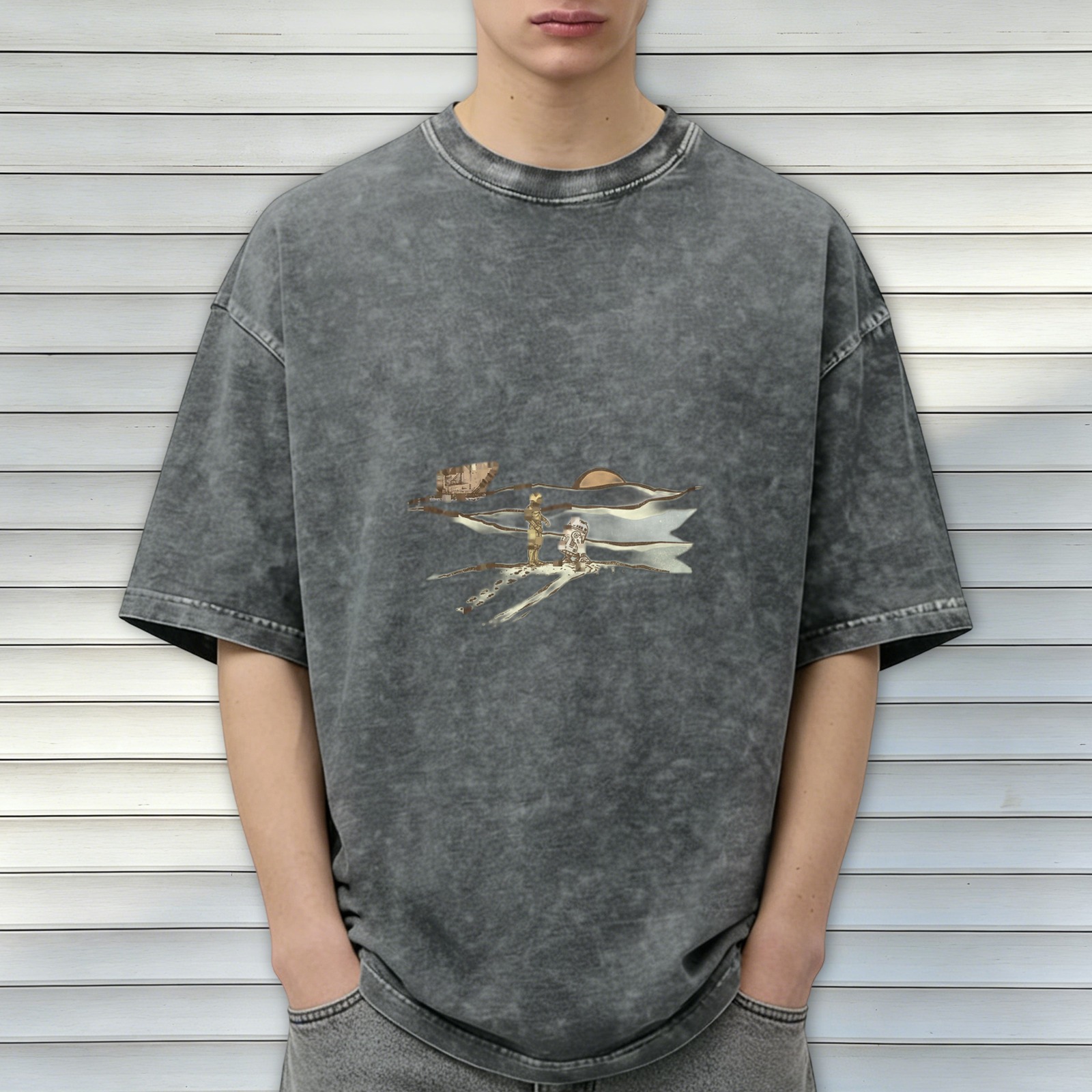 Oversized Acid-Wash Black Graphic T-Shirt with Astronaut & Landscape Print