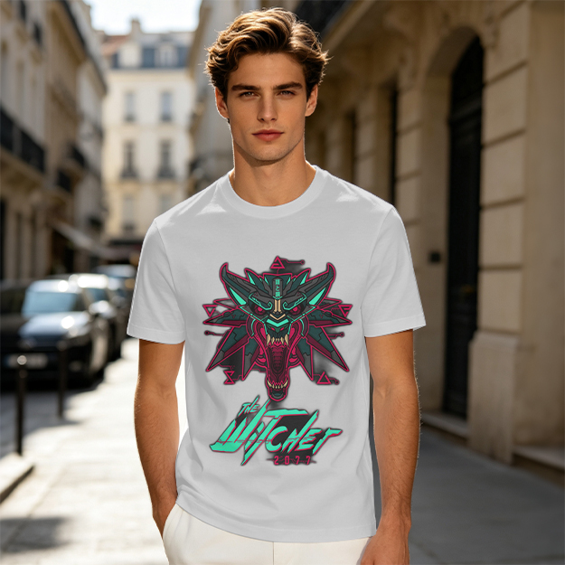 Olive green t-shirt with cyberpunk witcher wolf head graphic