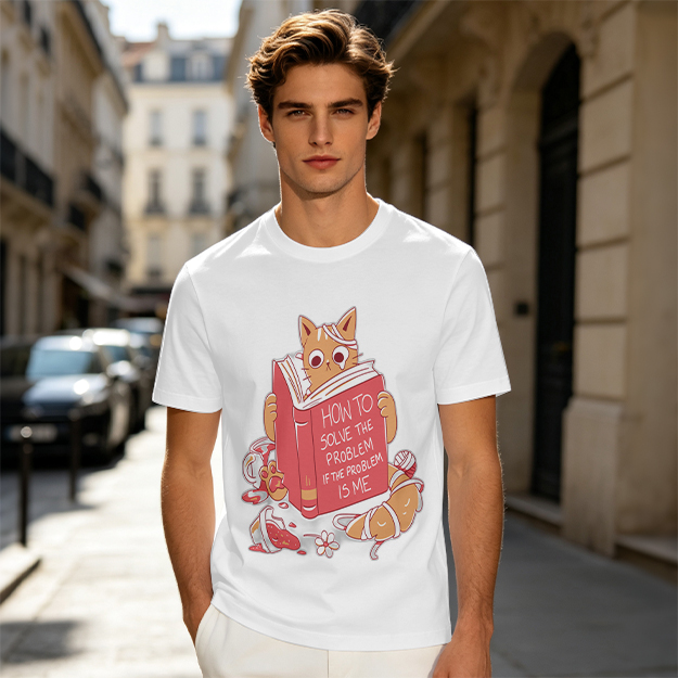 Olive T-Shirt With Ginger Cat Reading Self-Help Book Print