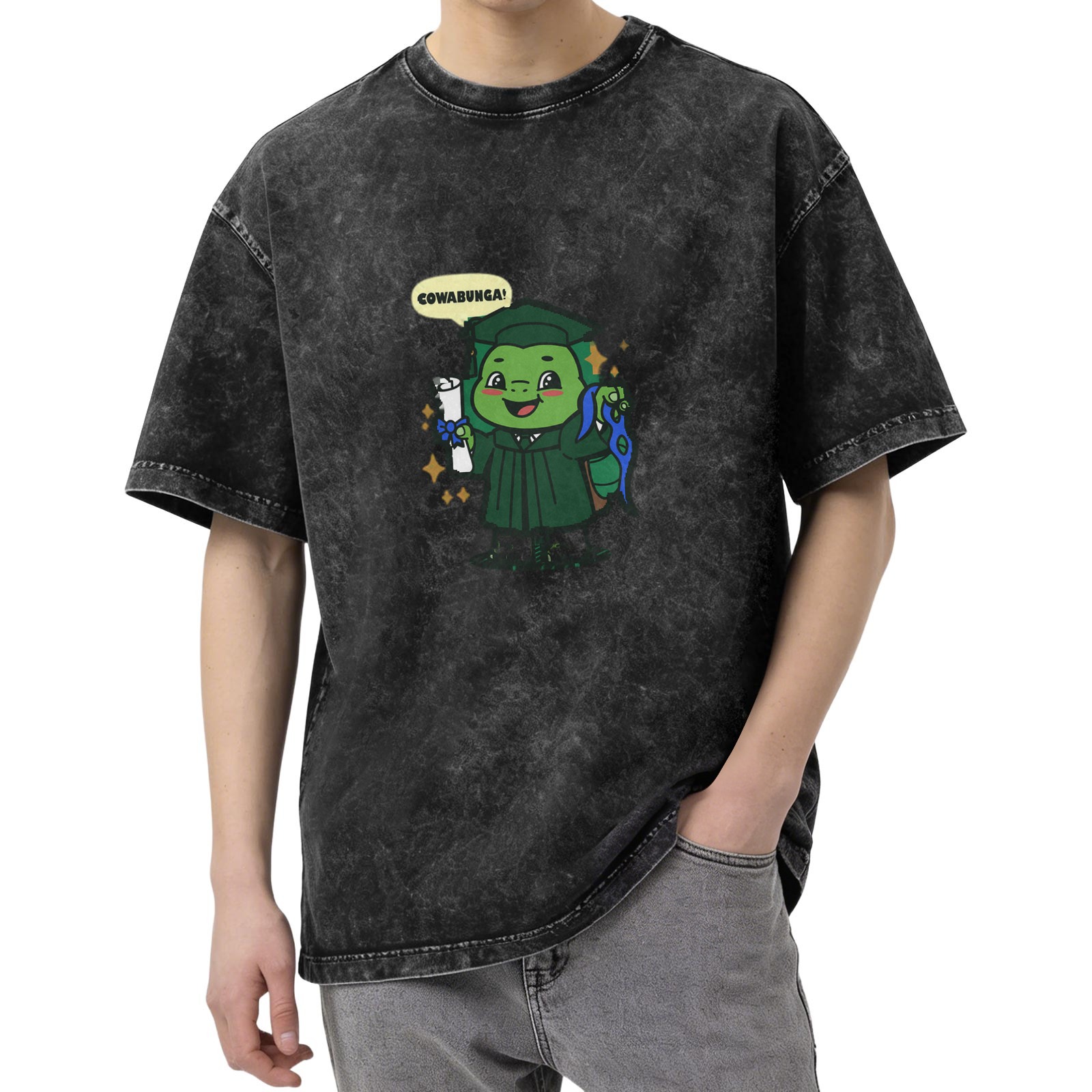 Washed Black T-Shirt with Graduation Turtle Cowabunga Print