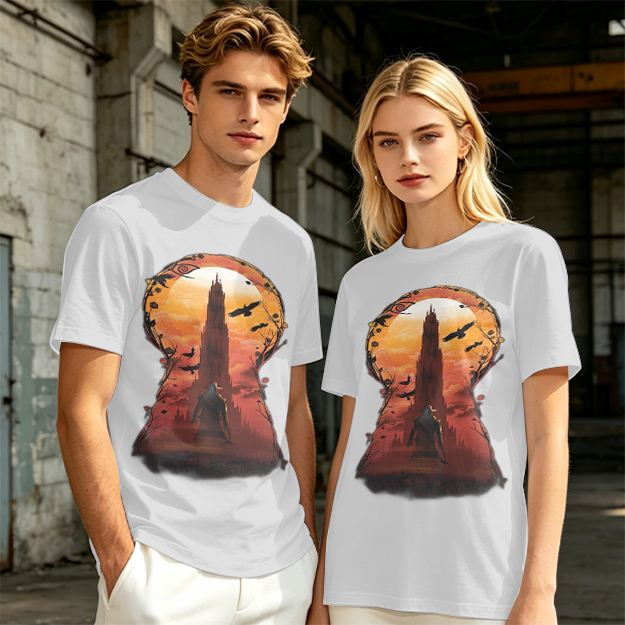 Olive T-Shirt with Keyhole Sunset Tower Art Print