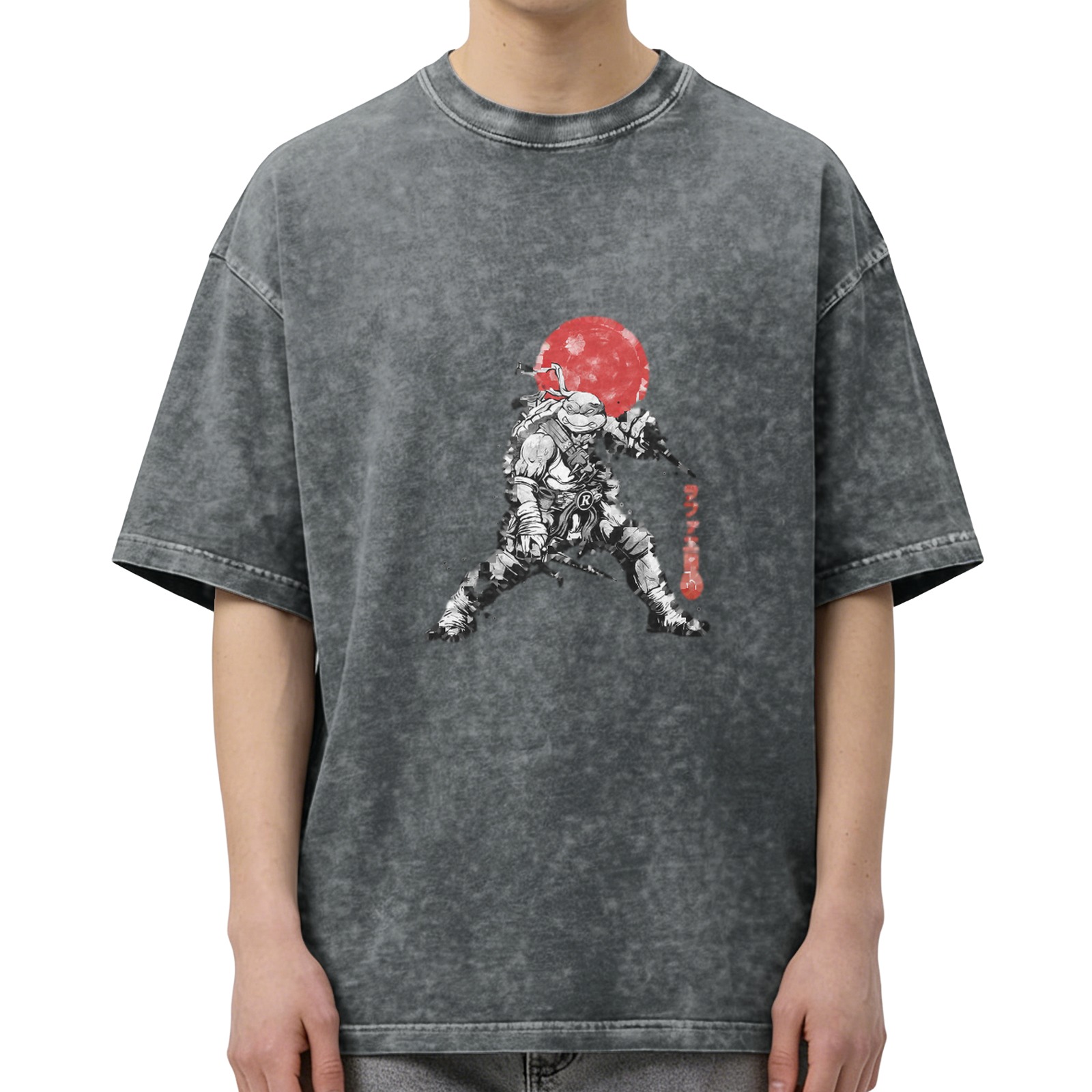 Washed black t-shirt with ninja turtle warrior graphic and red moon design