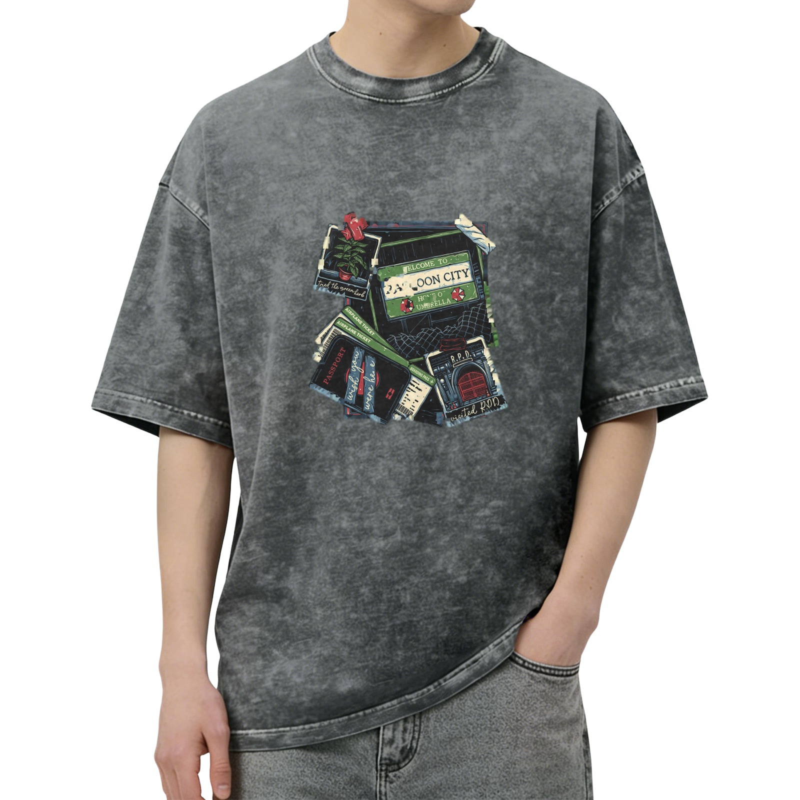 Oversized Acid Wash T-Shirt with Vintage Travel Collage Graphic